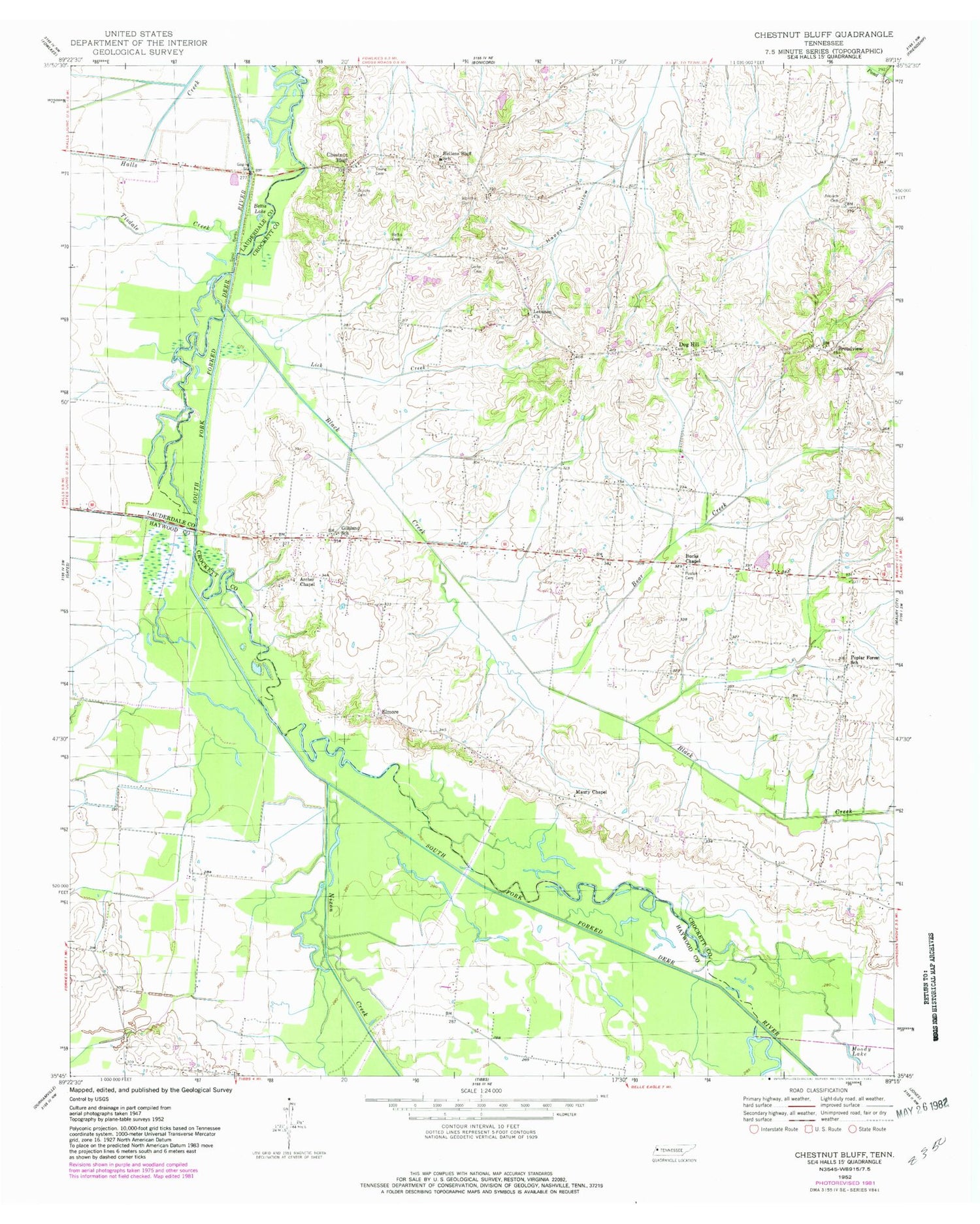 Classic USGS Chestnut Bluff Tennessee 7.5'x7.5' Topo Map Image