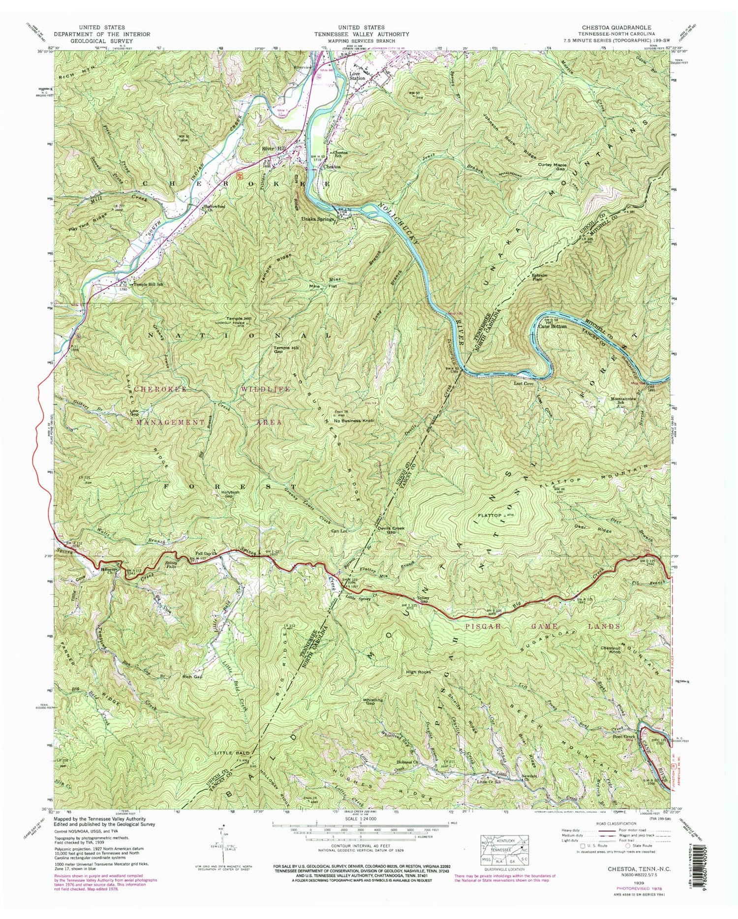 Classic USGS Chestoa Tennessee 7.5'x7.5' Topo Map Image