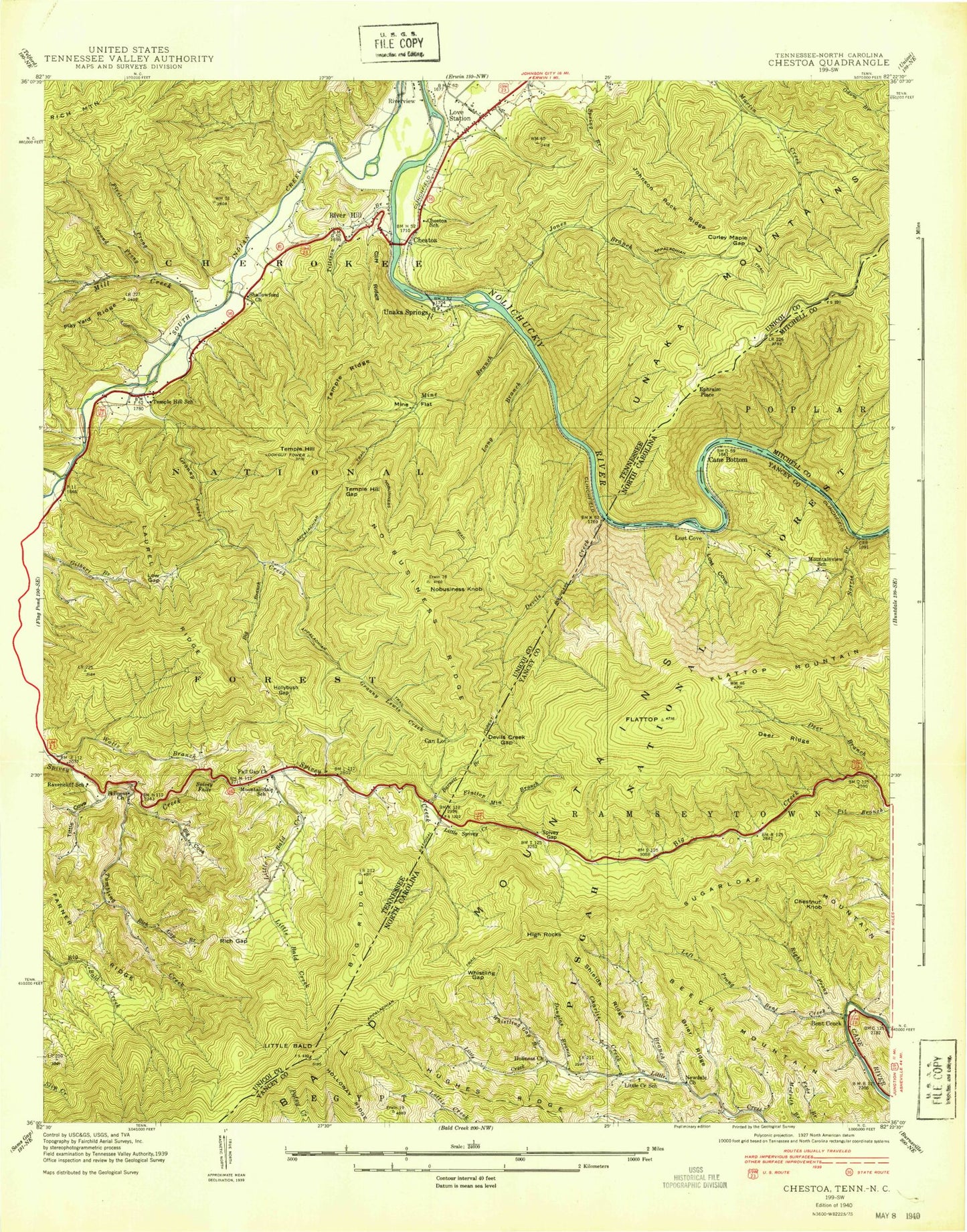 Classic USGS Chestoa Tennessee 7.5'x7.5' Topo Map Image