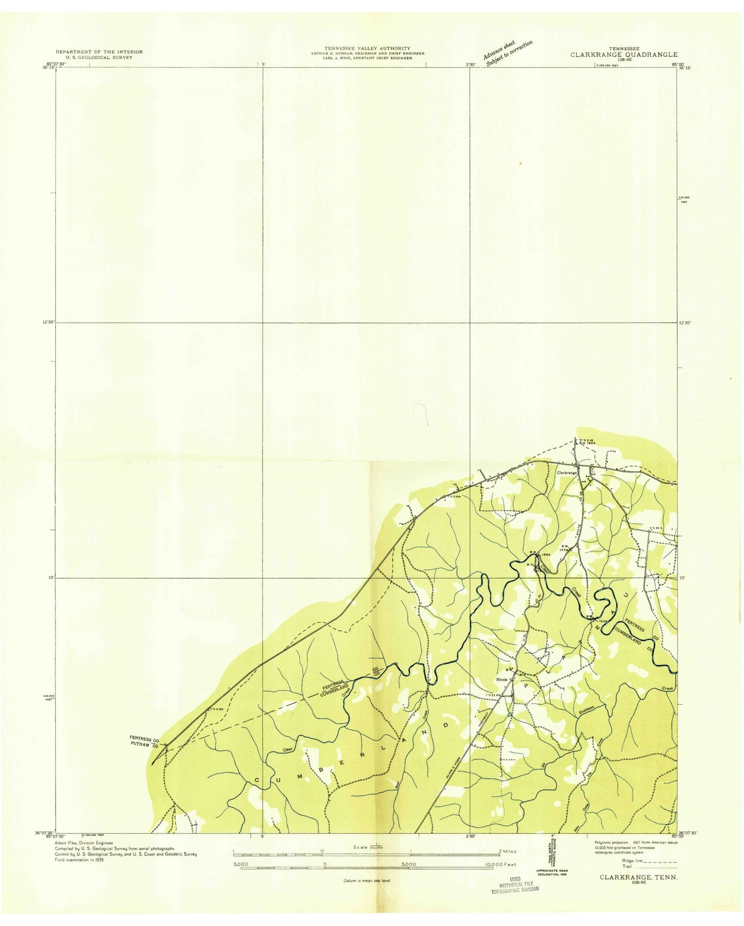 Classic USGS Clarkrange Tennessee 7.5'x7.5' Topo Map Image