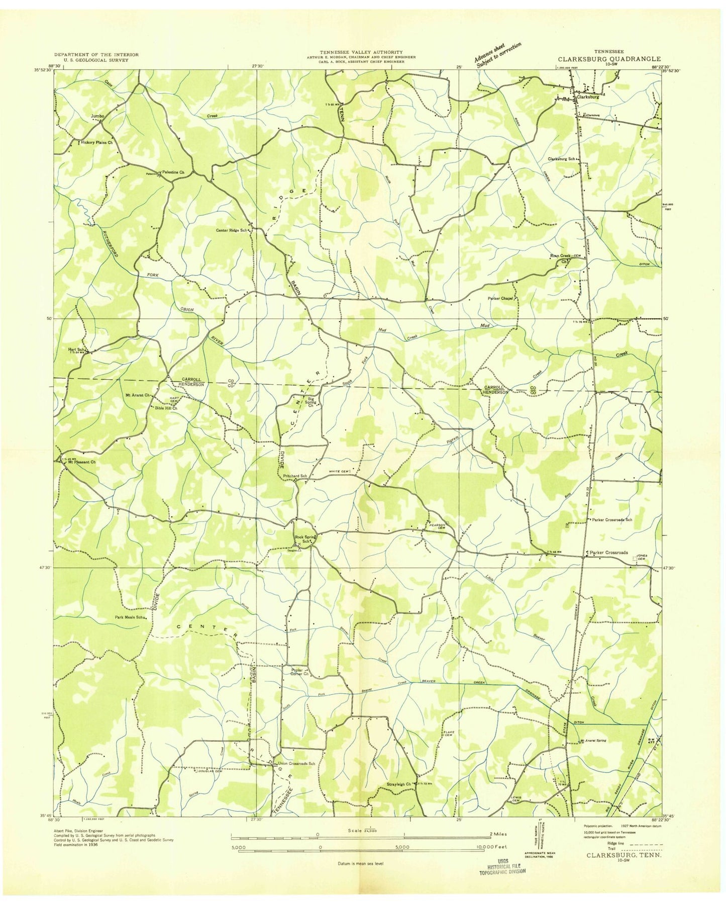 Classic USGS Clarksburg Tennessee 7.5'x7.5' Topo Map Image