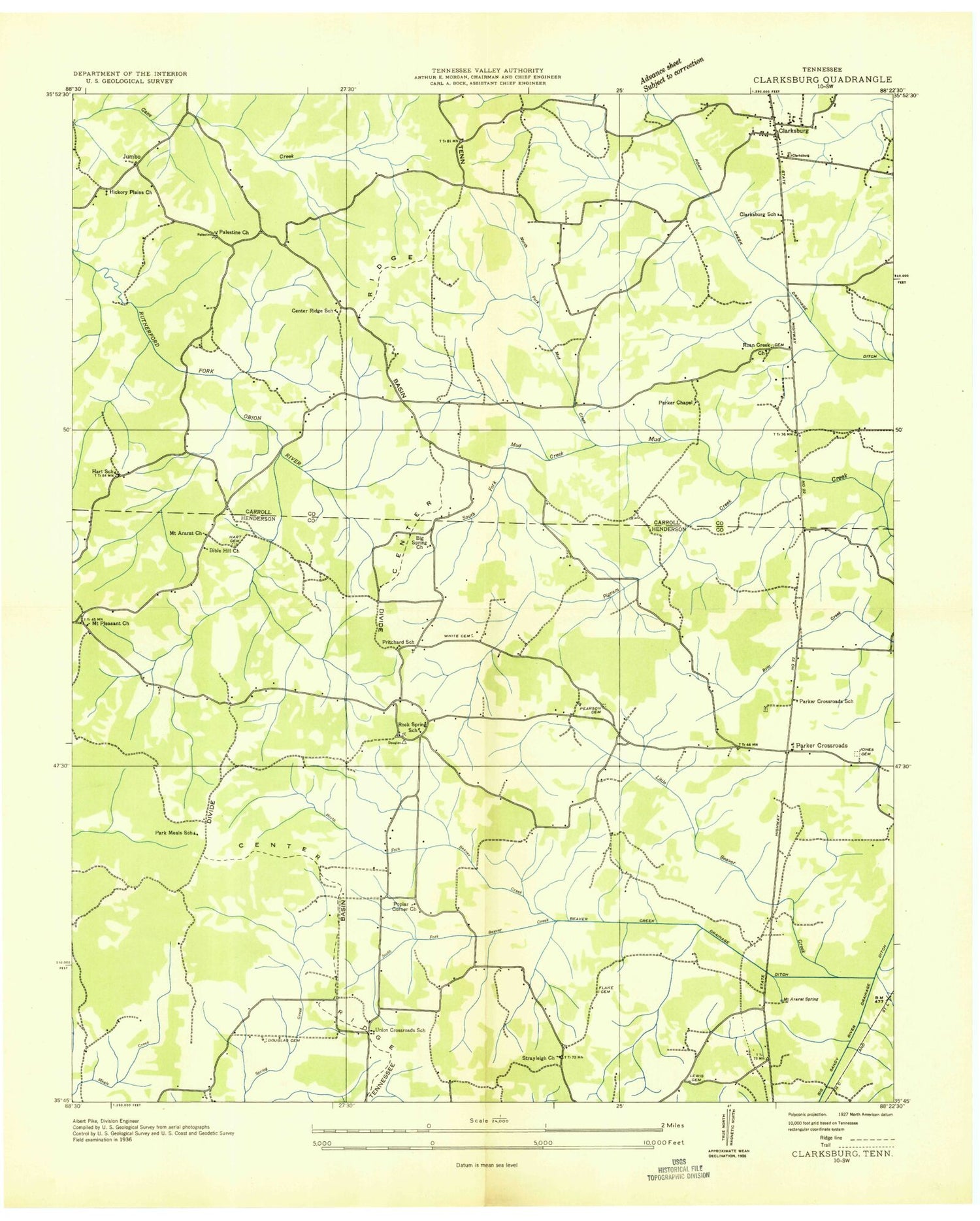 Classic USGS Clarksburg Tennessee 7.5'x7.5' Topo Map Image