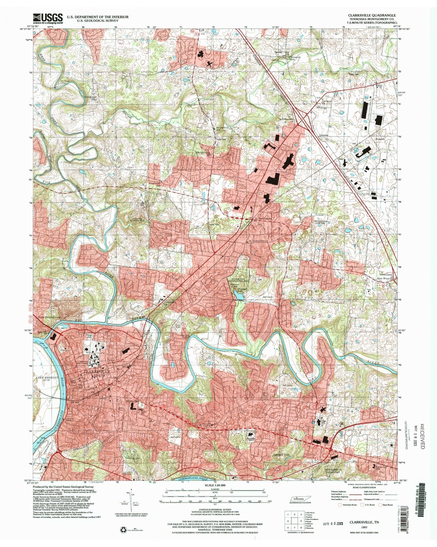 Classic USGS Clarksville Tennessee 7.5'x7.5' Topo Map Image