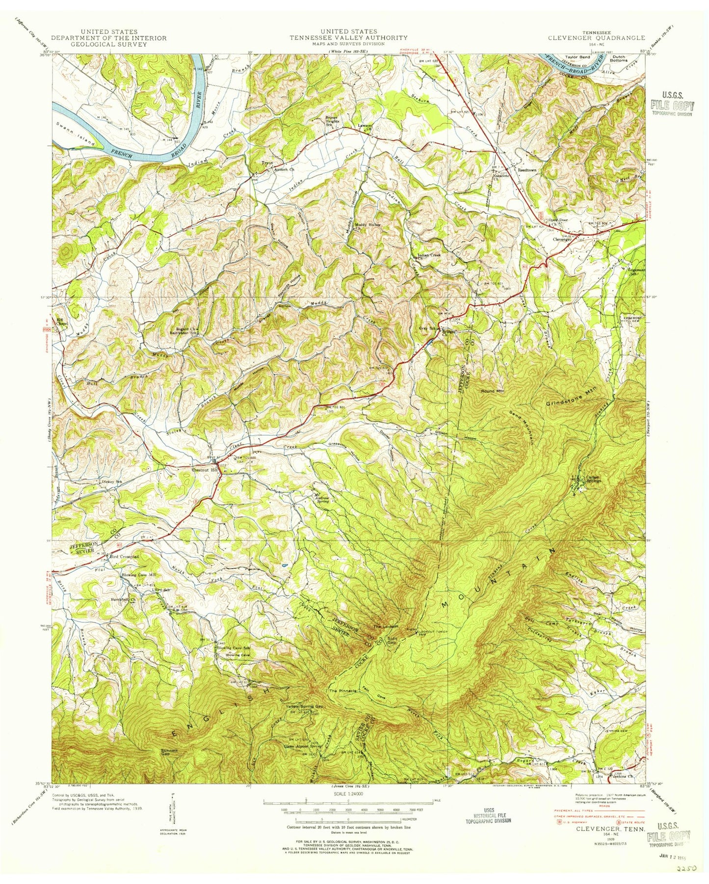 Classic USGS Chestnut Hill Tennessee 7.5'x7.5' Topo Map Image