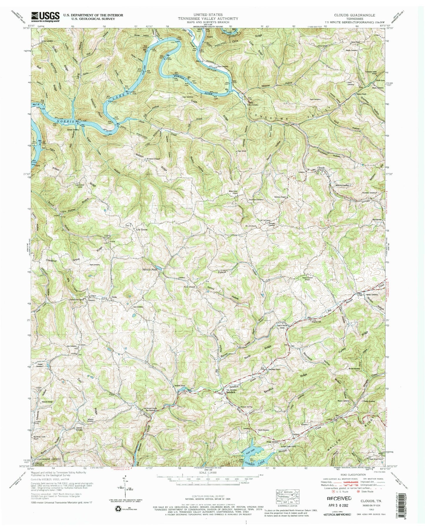 Classic USGS Clouds Tennessee 7.5'x7.5' Topo Map Image