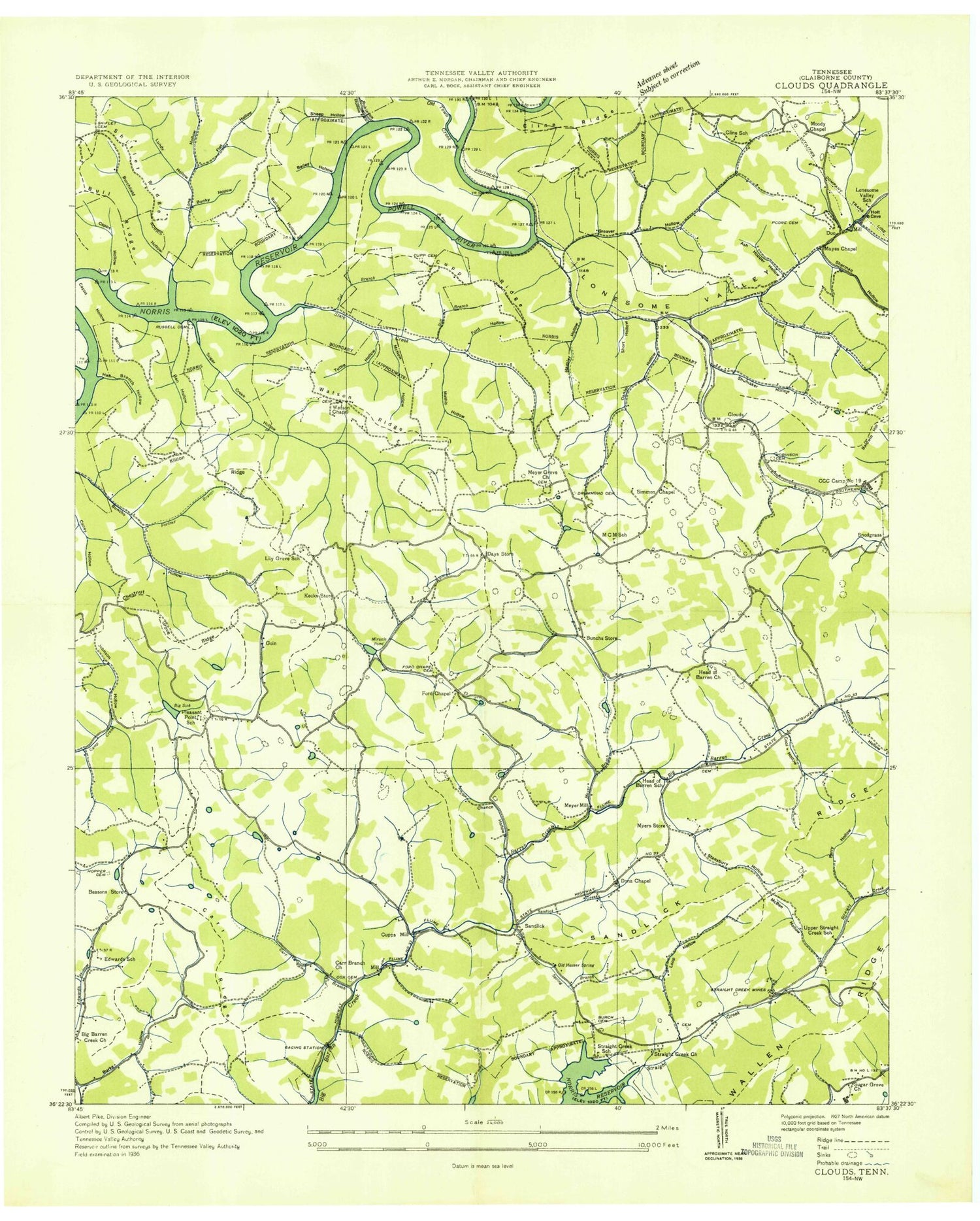 Classic USGS Clouds Tennessee 7.5'x7.5' Topo Map Image