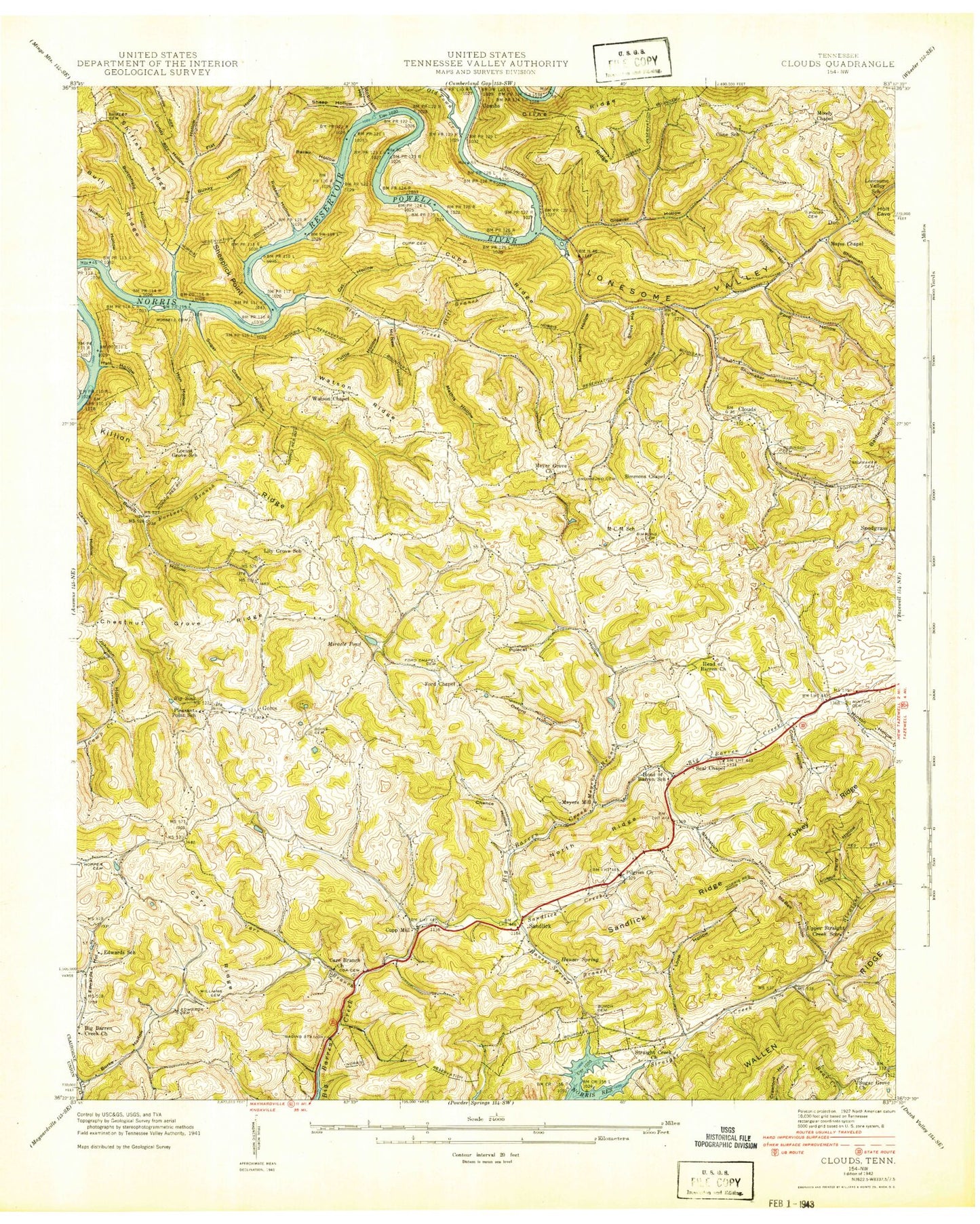 Classic USGS Clouds Tennessee 7.5'x7.5' Topo Map Image