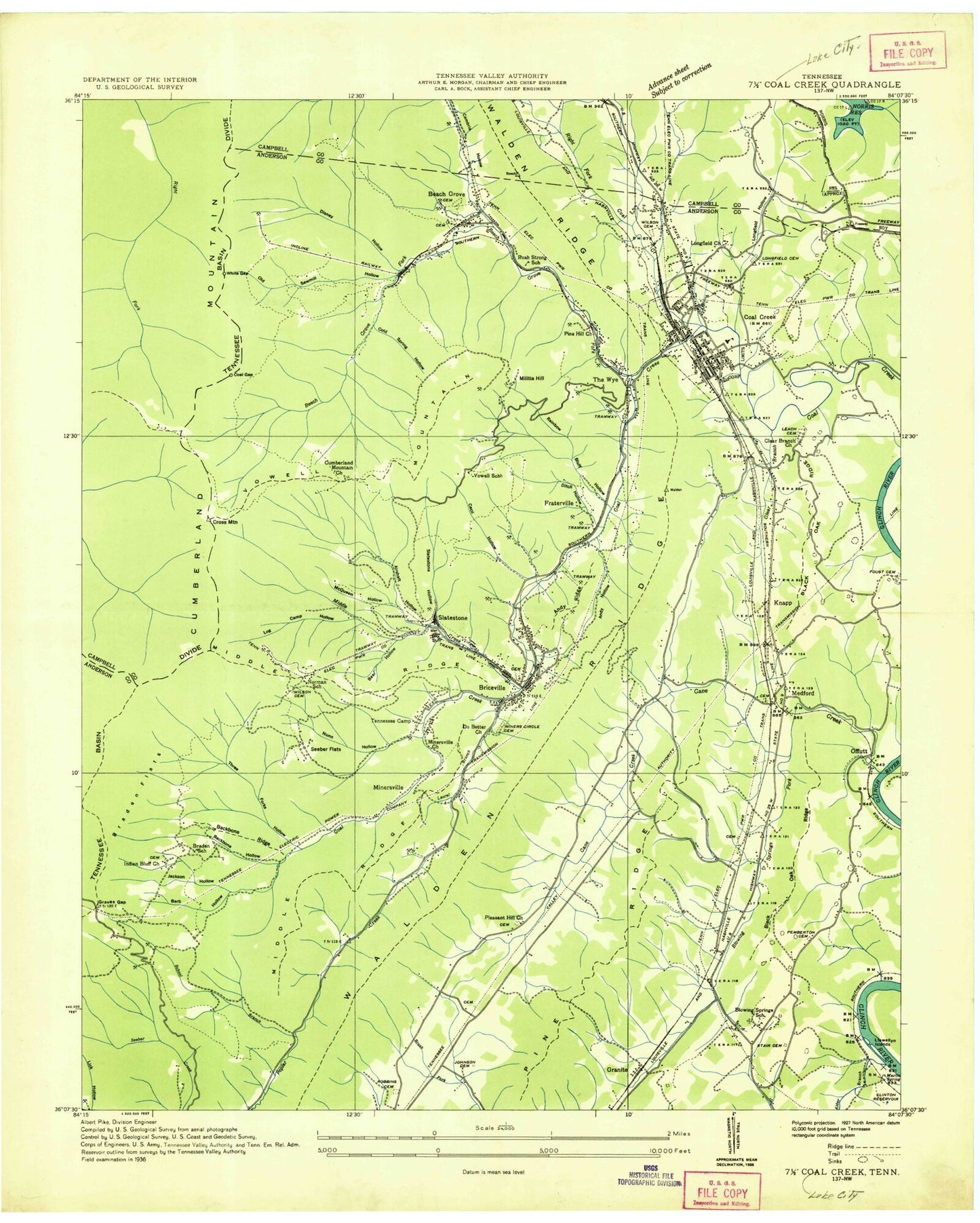 Classic USGS Lake City Tennessee 7.5'x7.5' Topo Map Image