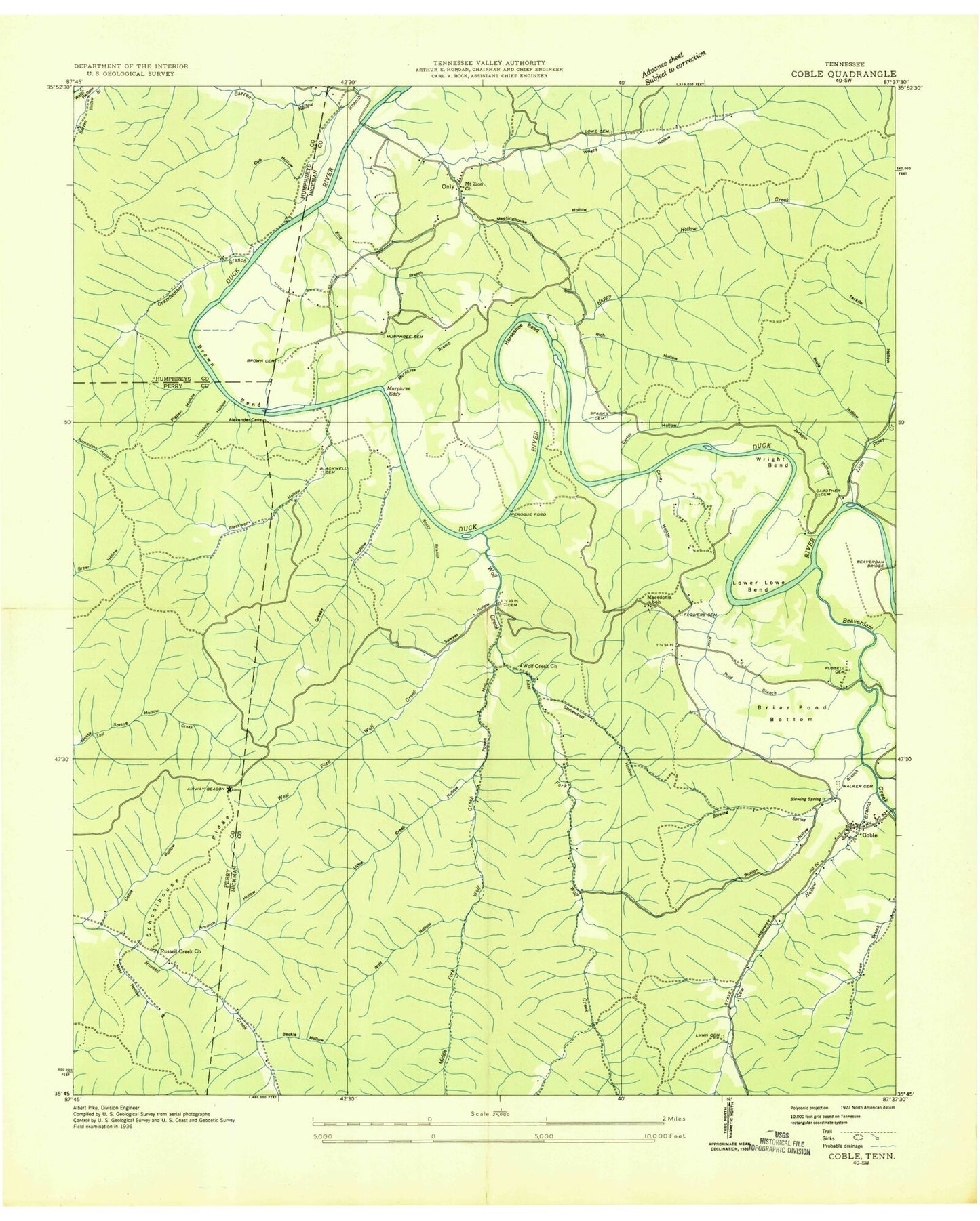 Classic USGS Coble Tennessee 7.5'x7.5' Topo Map Image