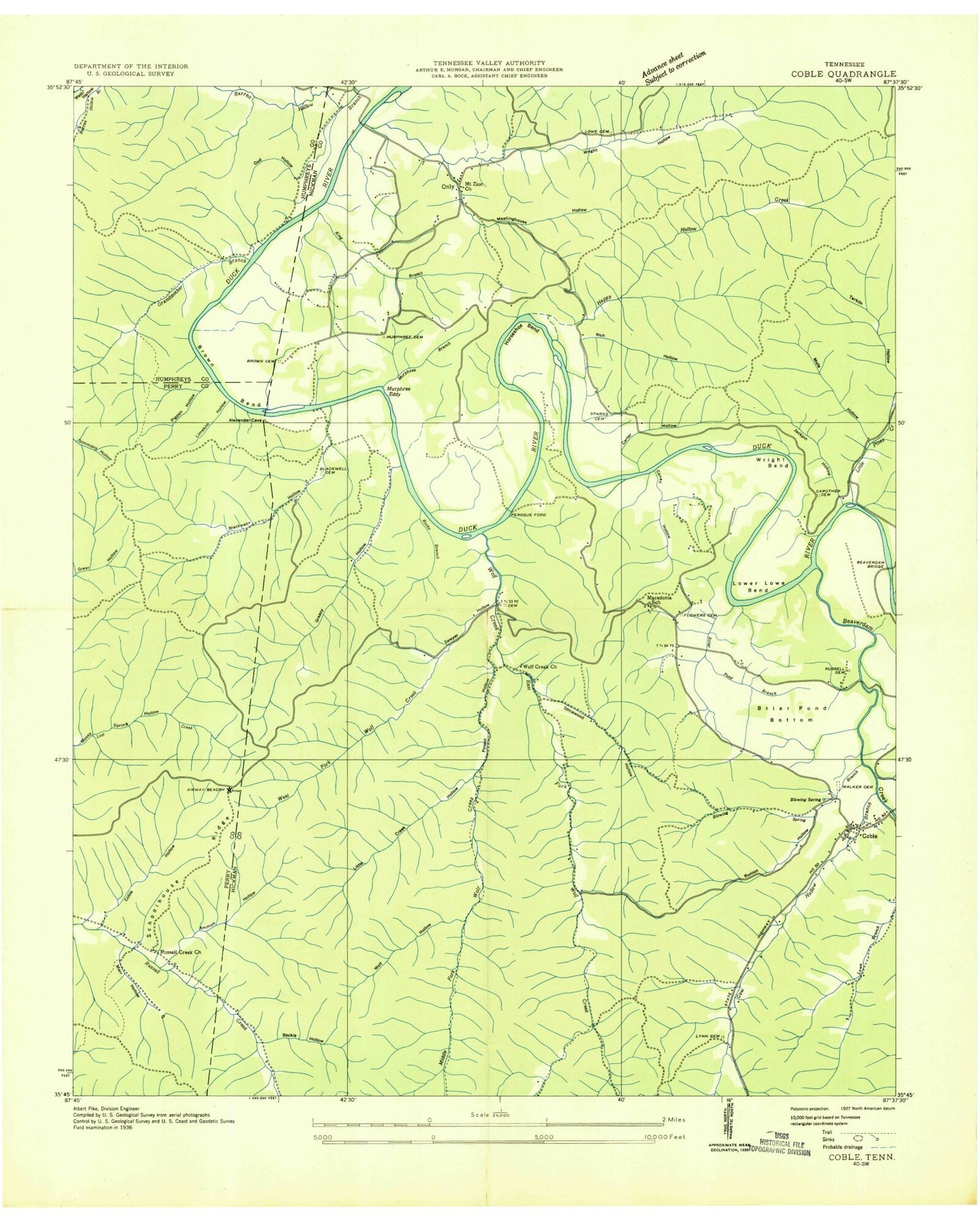 Classic USGS Coble Tennessee 7.5'x7.5' Topo Map Image