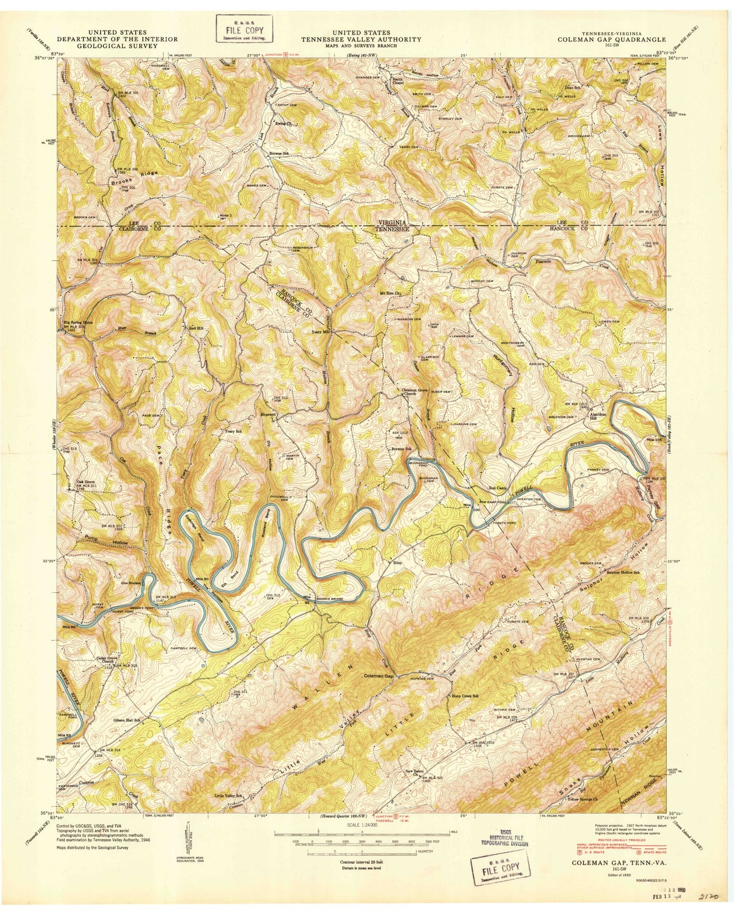 Classic USGS Coleman Gap Tennessee 7.5'x7.5' Topo Map Image