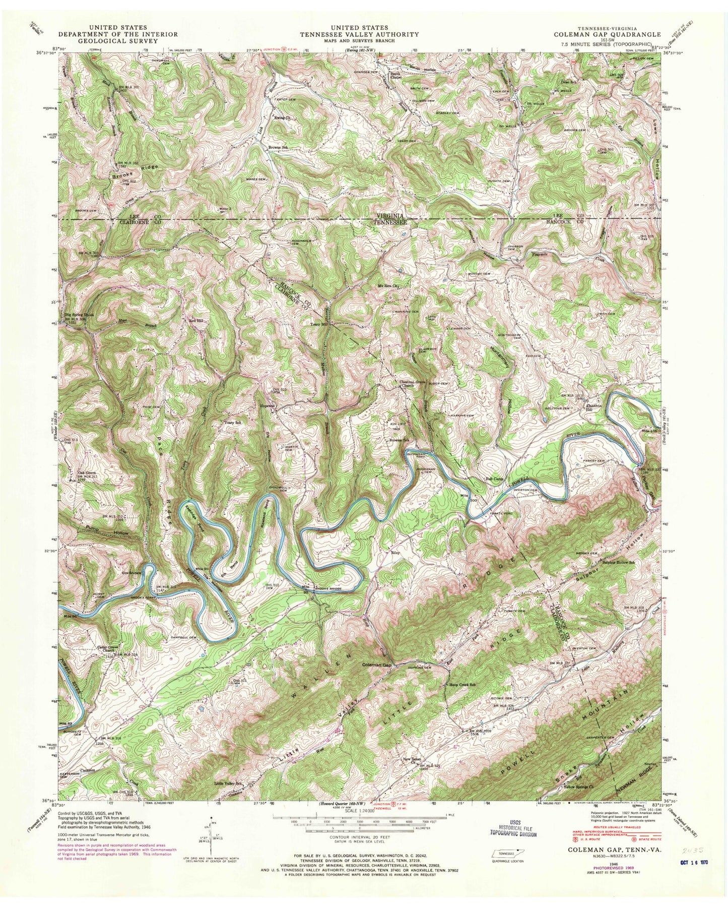 Classic USGS Coleman Gap Tennessee 7.5'x7.5' Topo Map Image