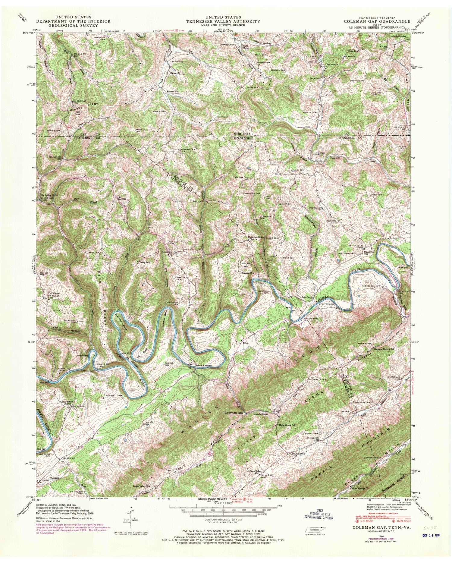 Classic USGS Coleman Gap Tennessee 7.5'x7.5' Topo Map Image