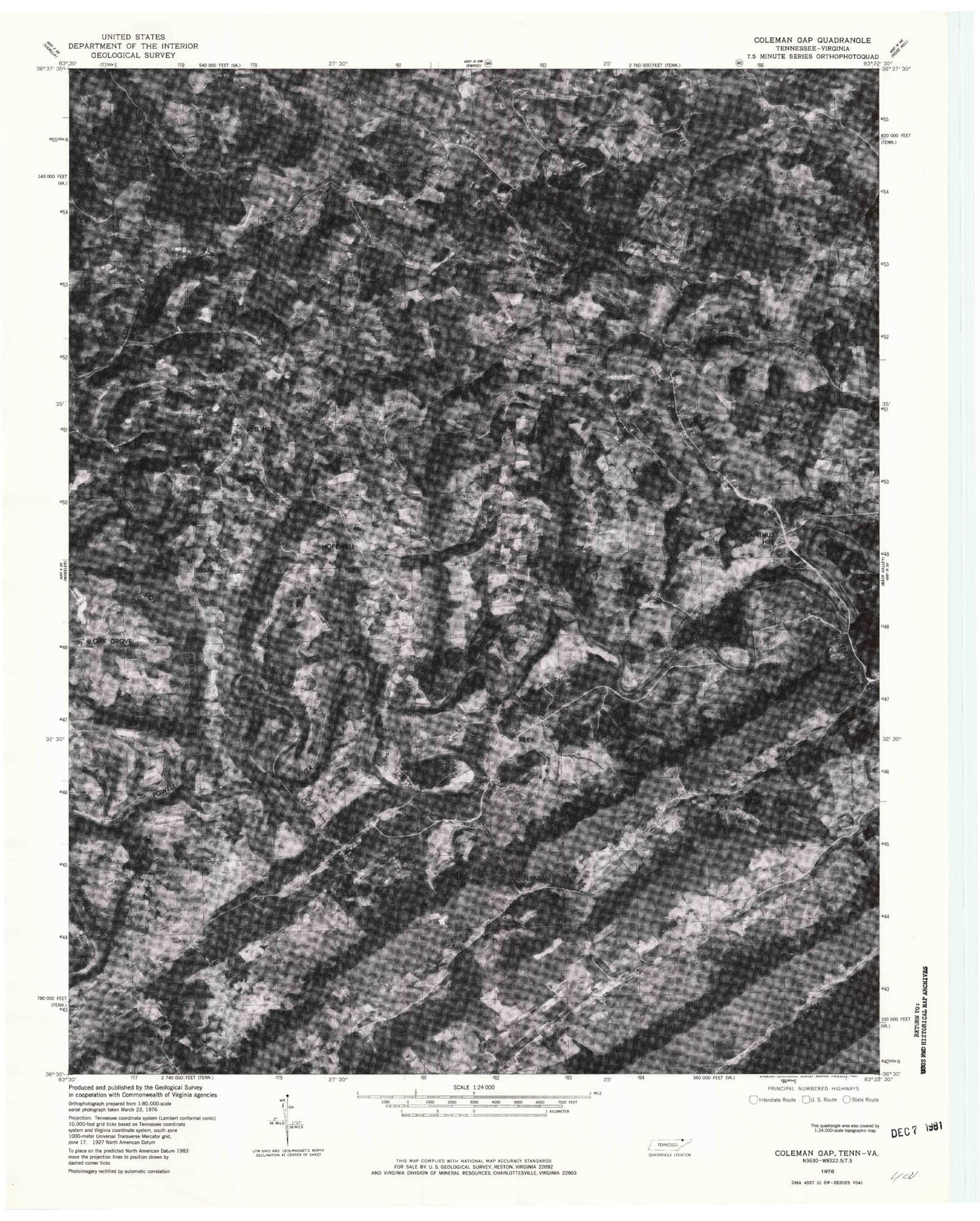 Classic USGS Coleman Gap Tennessee 7.5'x7.5' Topo Map Image