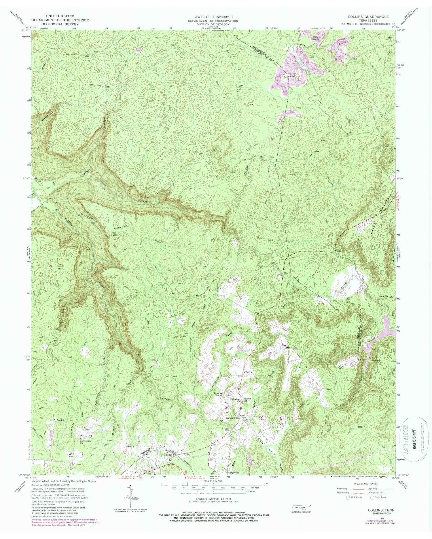 Classic USGS Collins Tennessee 7.5'x7.5' Topo Map Image