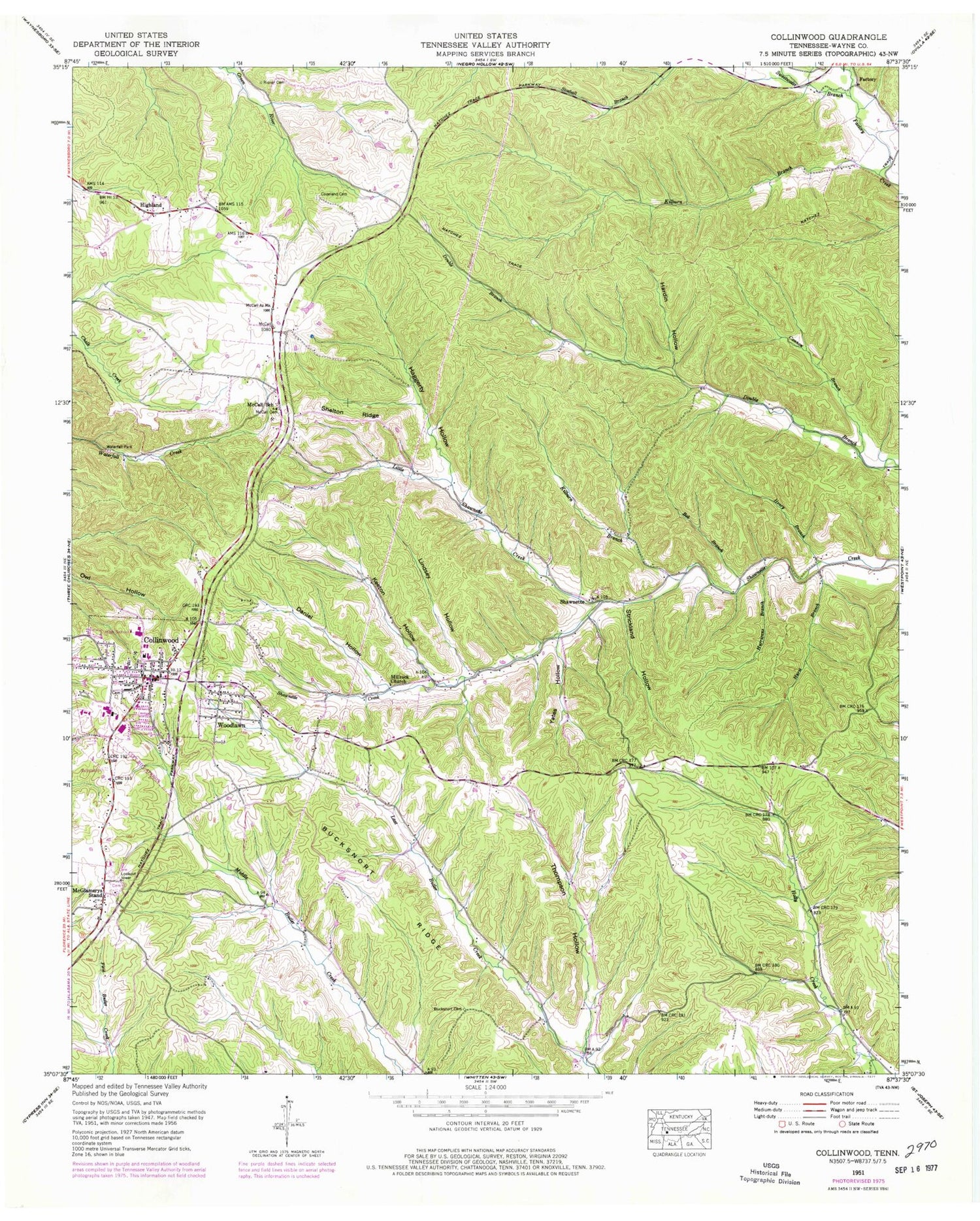 Classic USGS Collinwood Tennessee 7.5'x7.5' Topo Map Image