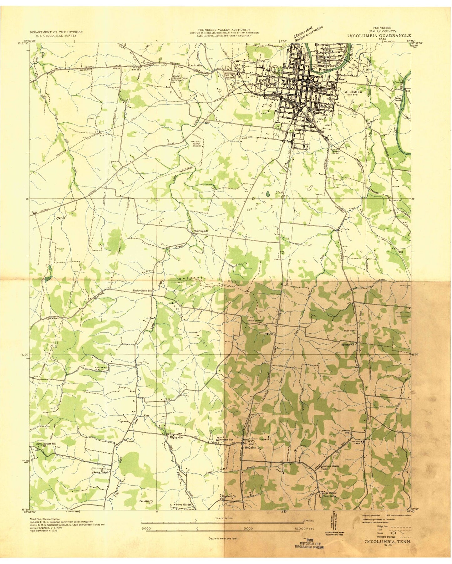 Classic USGS Columbia Tennessee 7.5'x7.5' Topo Map Image
