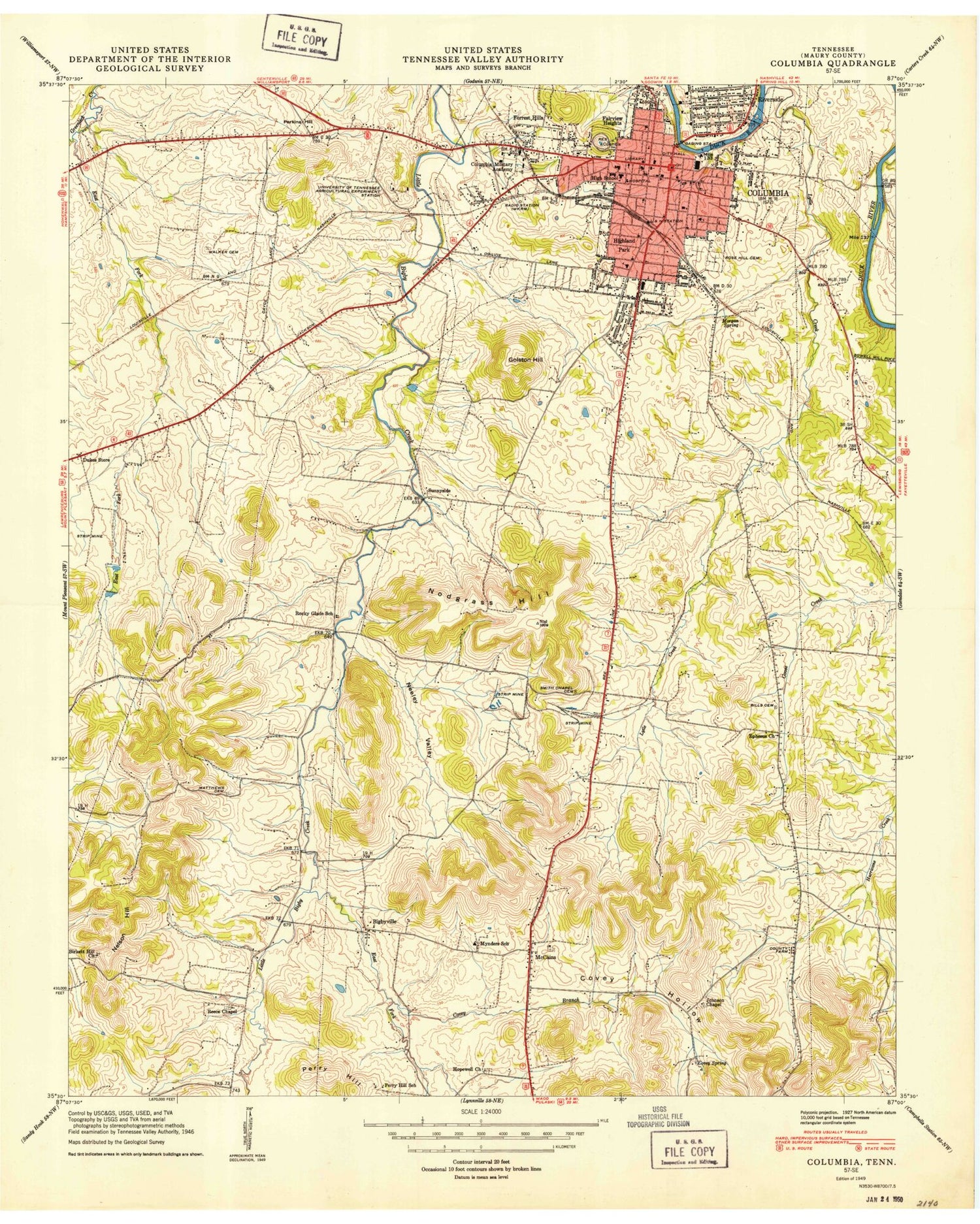 Classic USGS Columbia Tennessee 7.5'x7.5' Topo Map Image