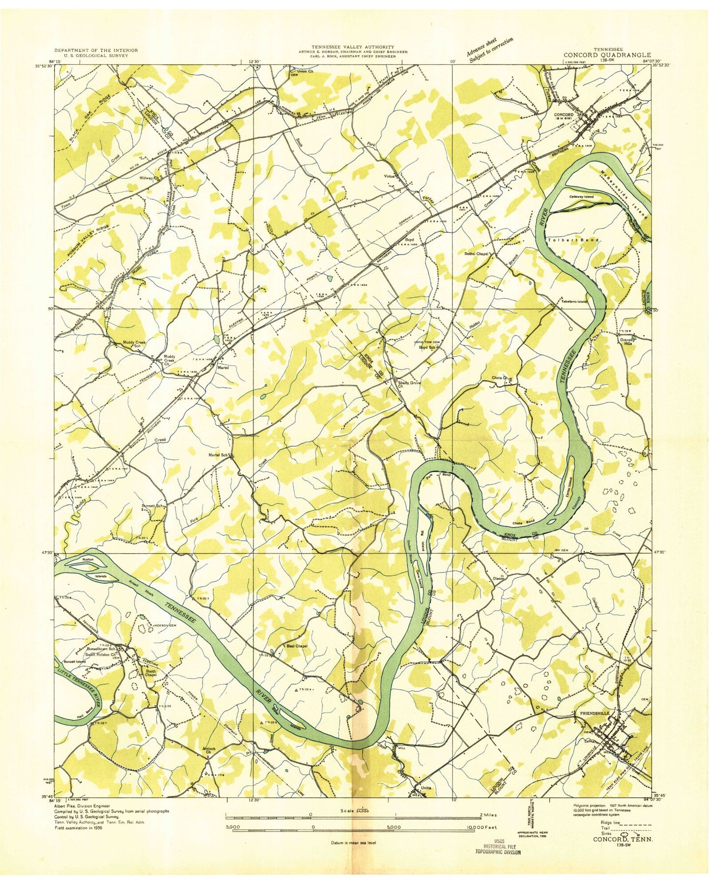 Classic USGS Concord Tennessee 7.5'x7.5' Topo Map Image