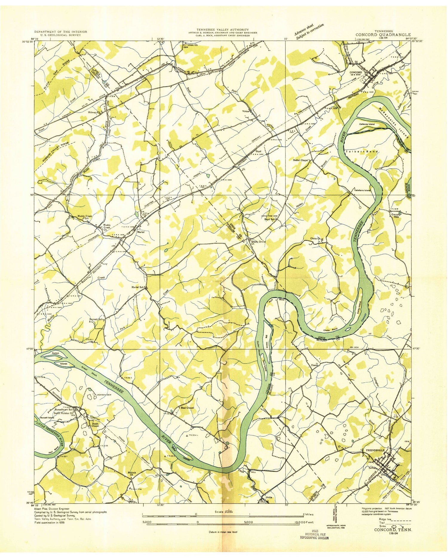 Classic USGS Concord Tennessee 7.5'x7.5' Topo Map Image