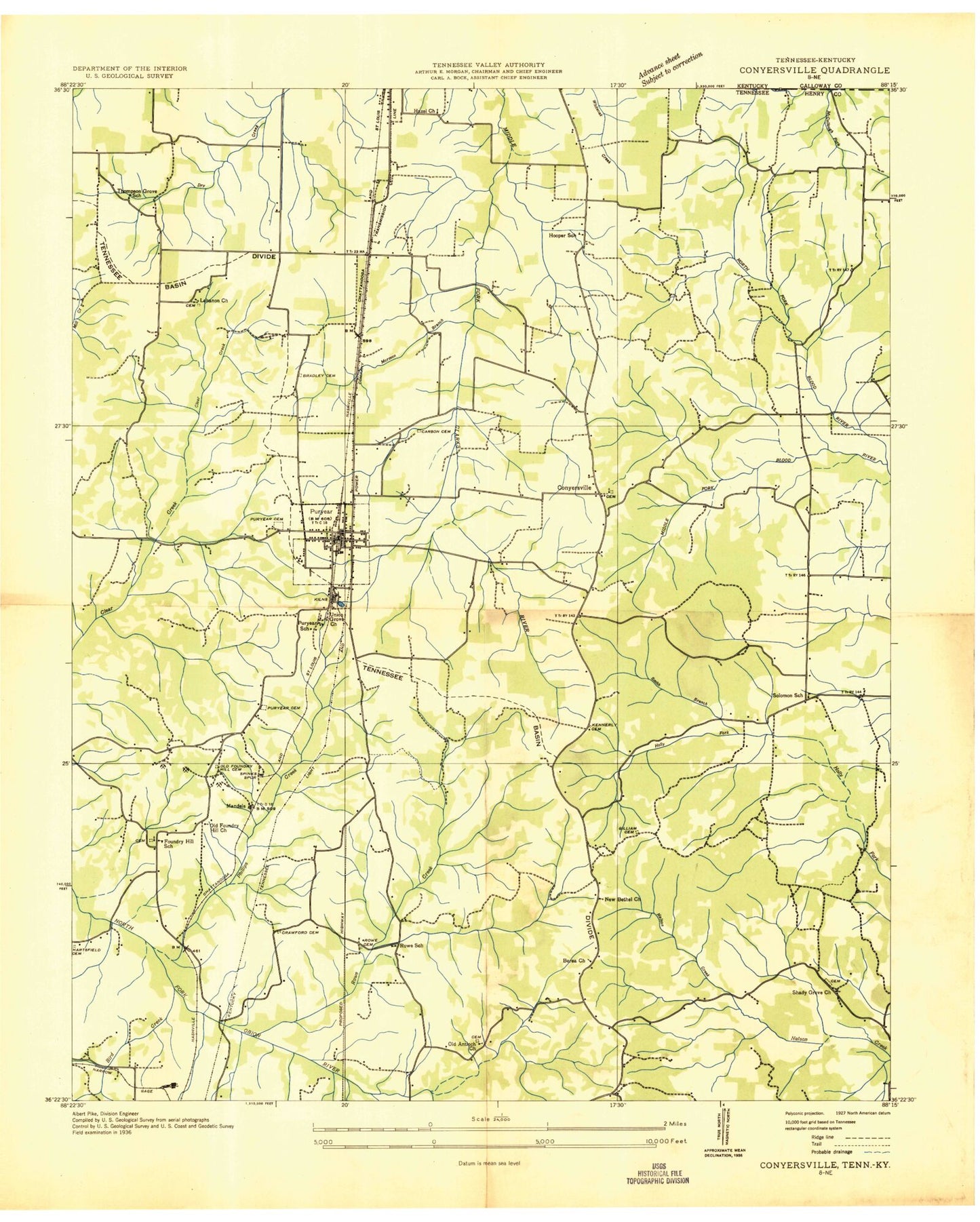 Classic USGS Puryear Tennessee 7.5'x7.5' Topo Map Image