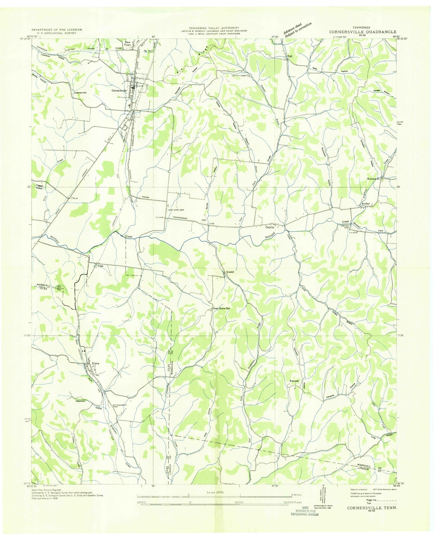 Classic USGS Cornersville Tennessee 7.5'x7.5' Topo Map Image
