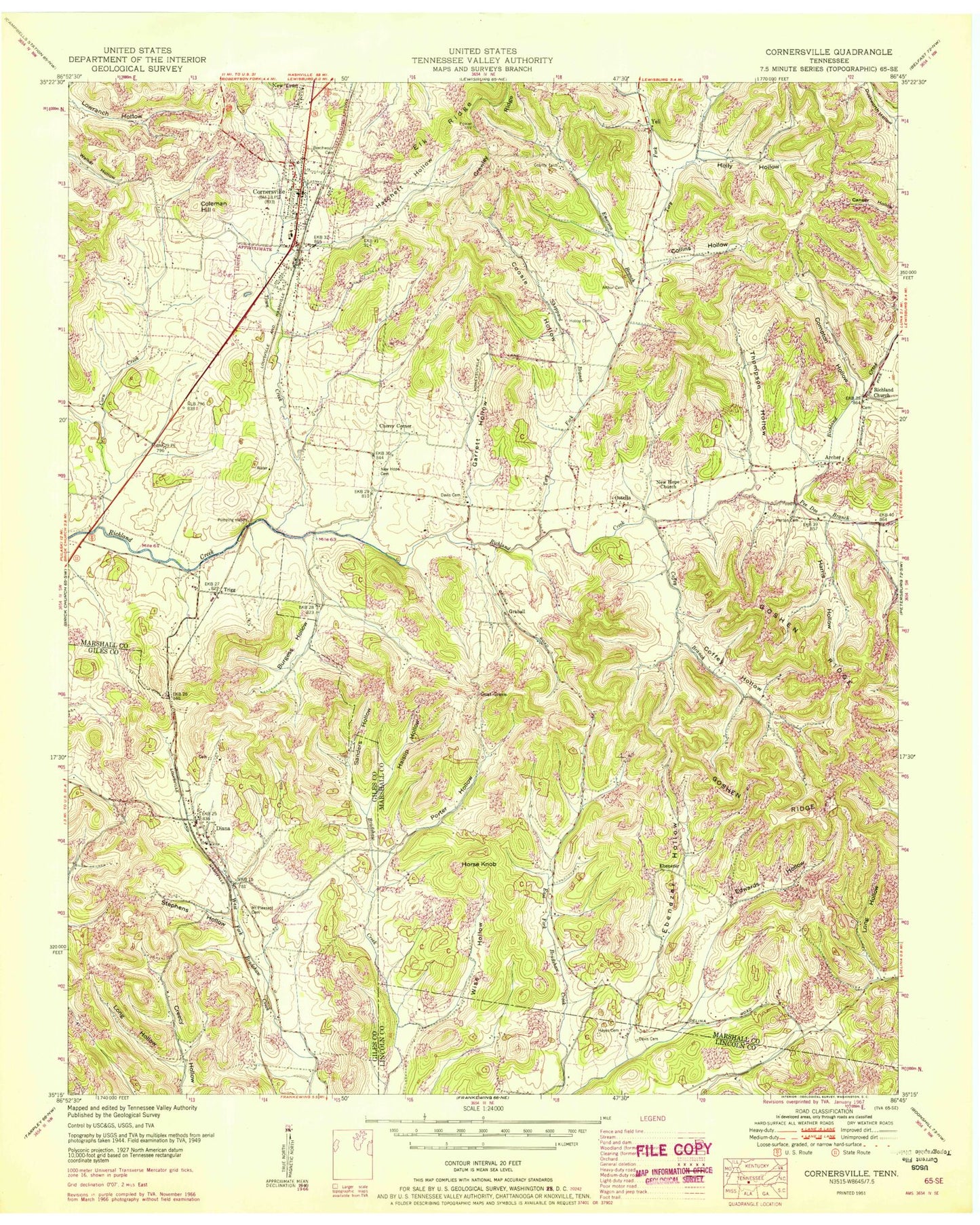 Classic USGS Cornersville Tennessee 7.5'x7.5' Topo Map Image
