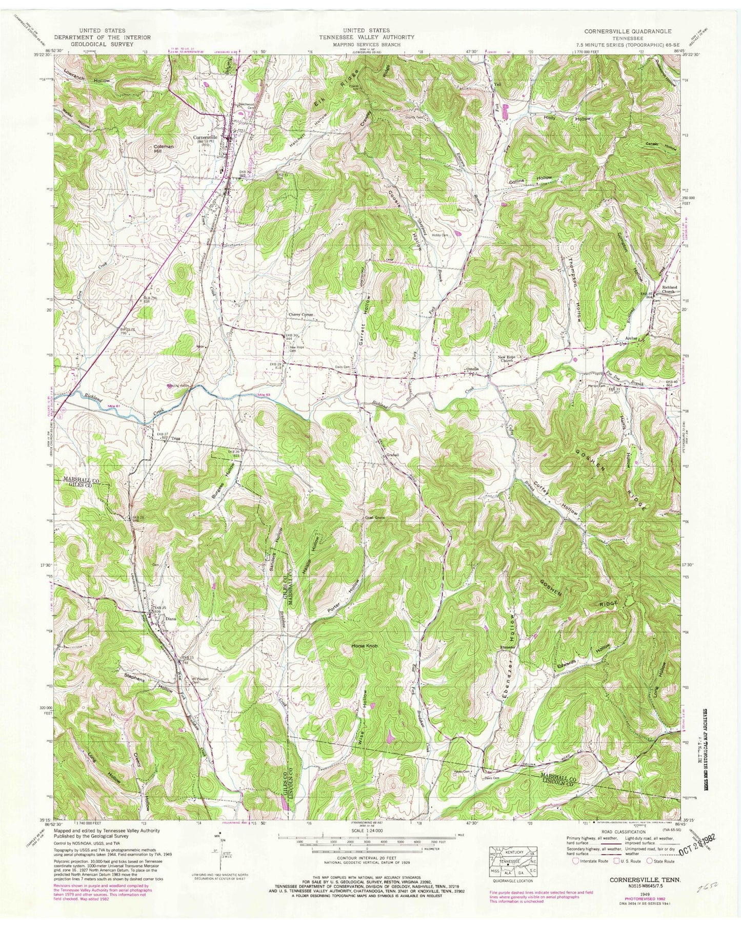 Classic USGS Cornersville Tennessee 7.5'x7.5' Topo Map Image