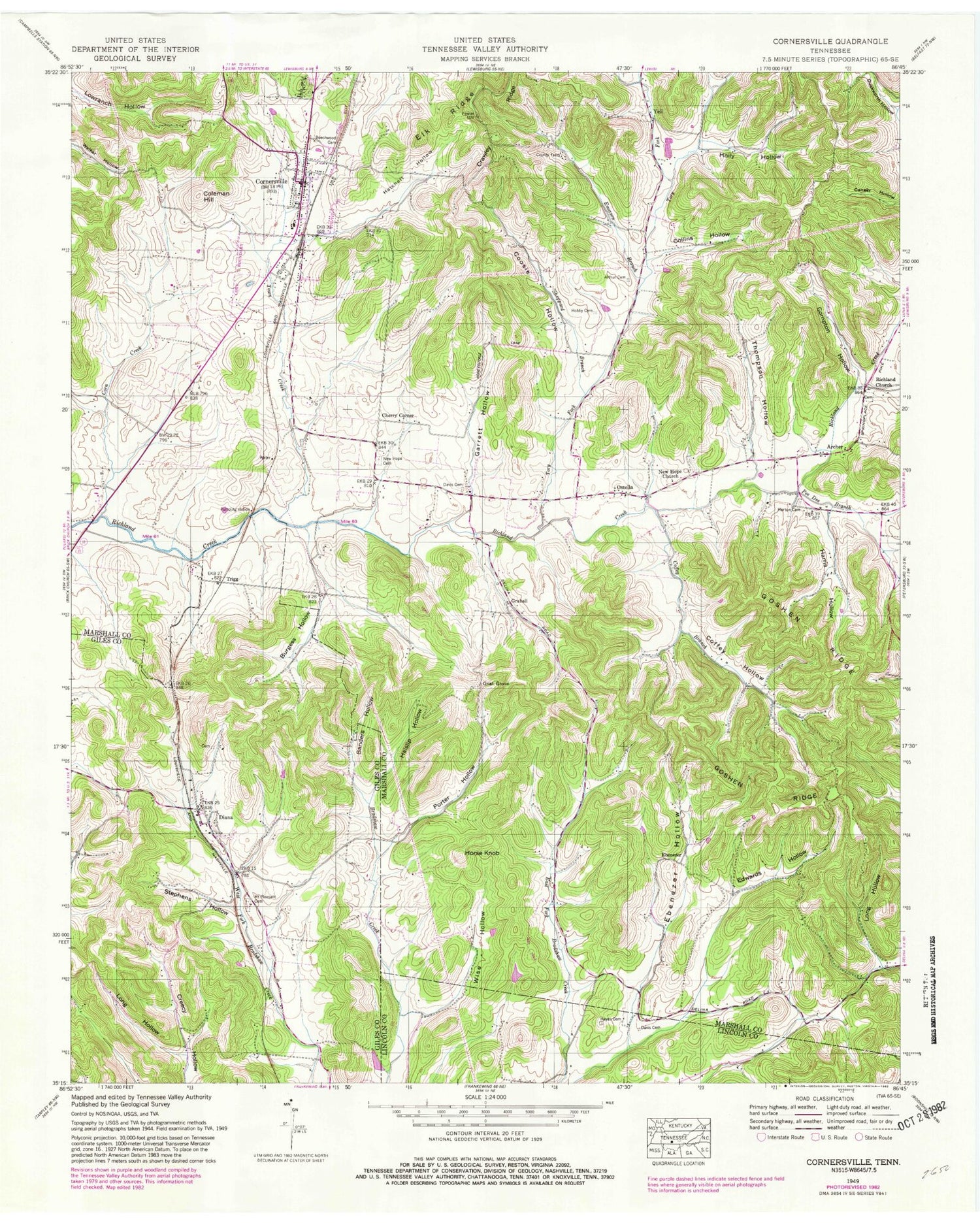 Classic USGS Cornersville Tennessee 7.5'x7.5' Topo Map Image