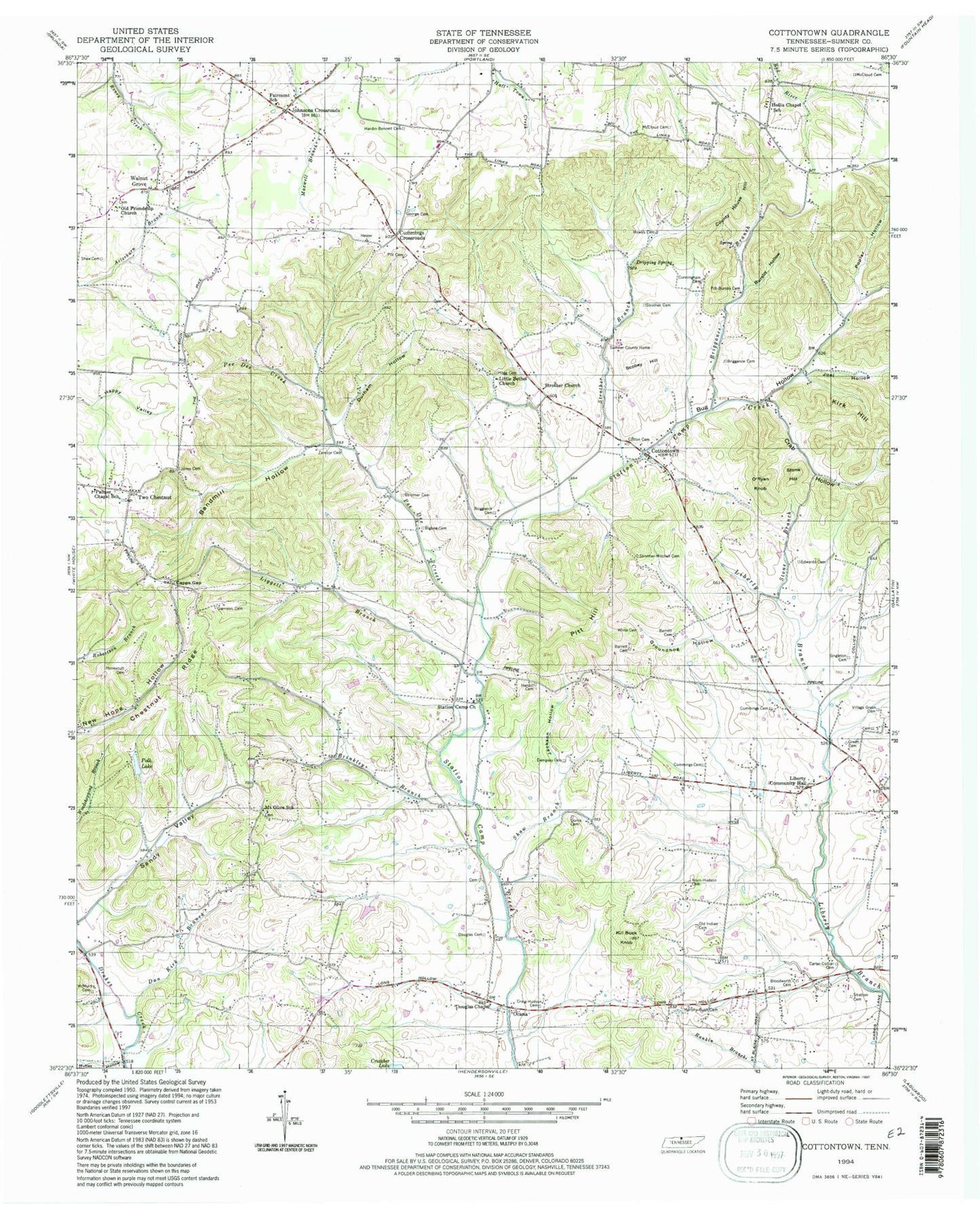 Classic USGS Cottontown Tennessee 7.5'x7.5' Topo Map Image