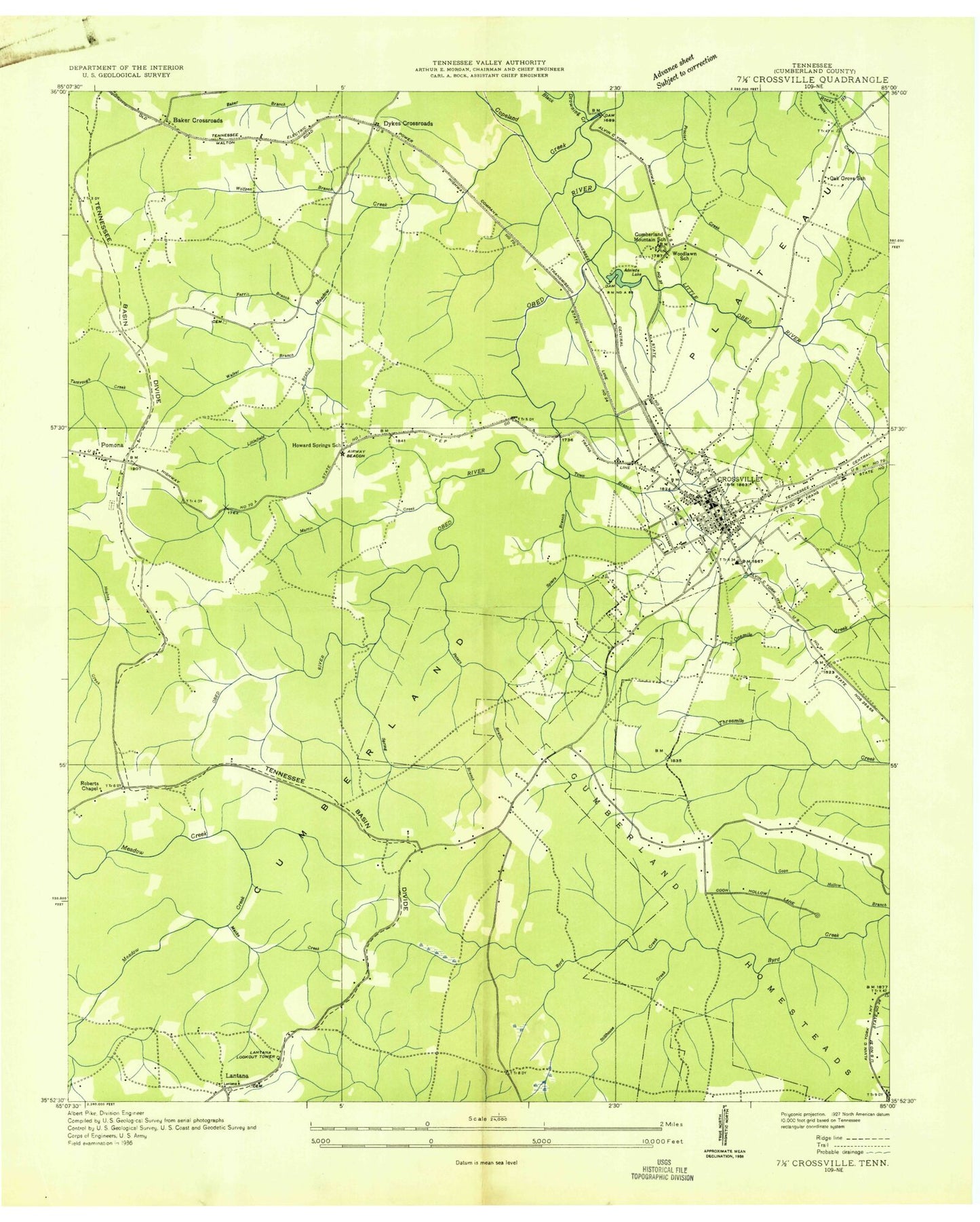 Classic USGS Crossville Tennessee 7.5'x7.5' Topo Map Image