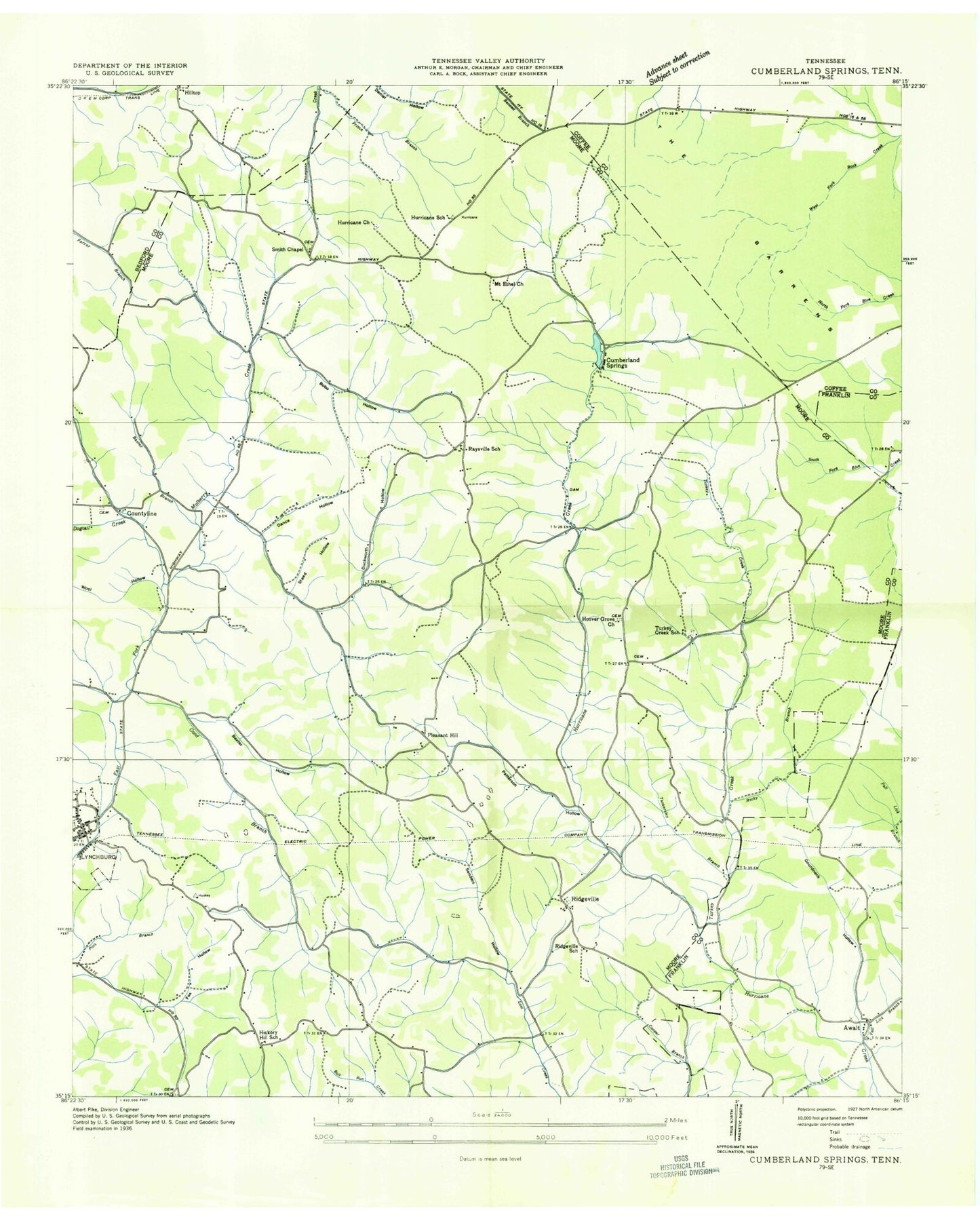 Classic USGS Lynchburg East Tennessee 7.5'x7.5' Topo Map Image