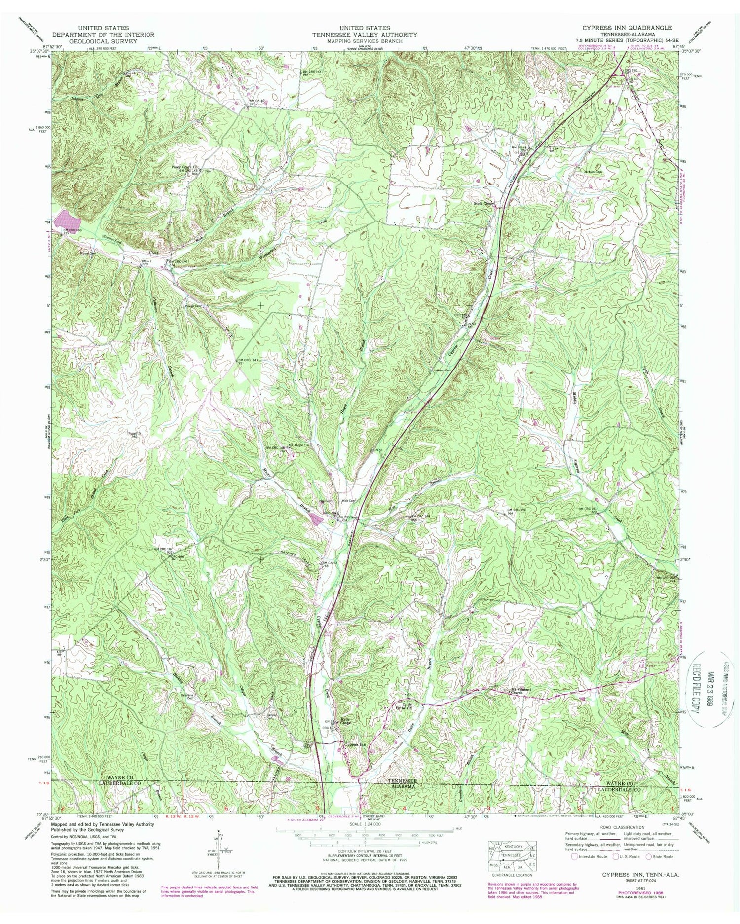 Classic USGS Cypress Inn Tennessee 7.5'x7.5' Topo Map Image