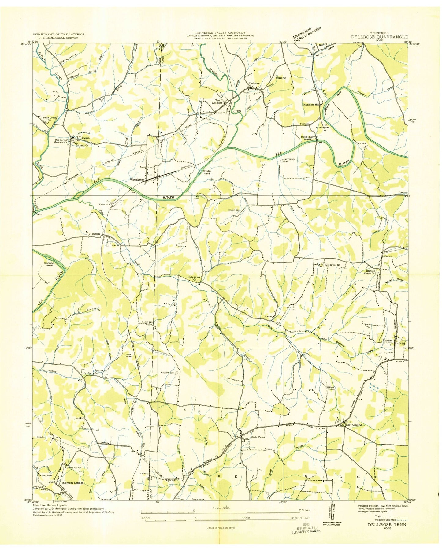Classic USGS Dellrose Tennessee 7.5'x7.5' Topo Map Image