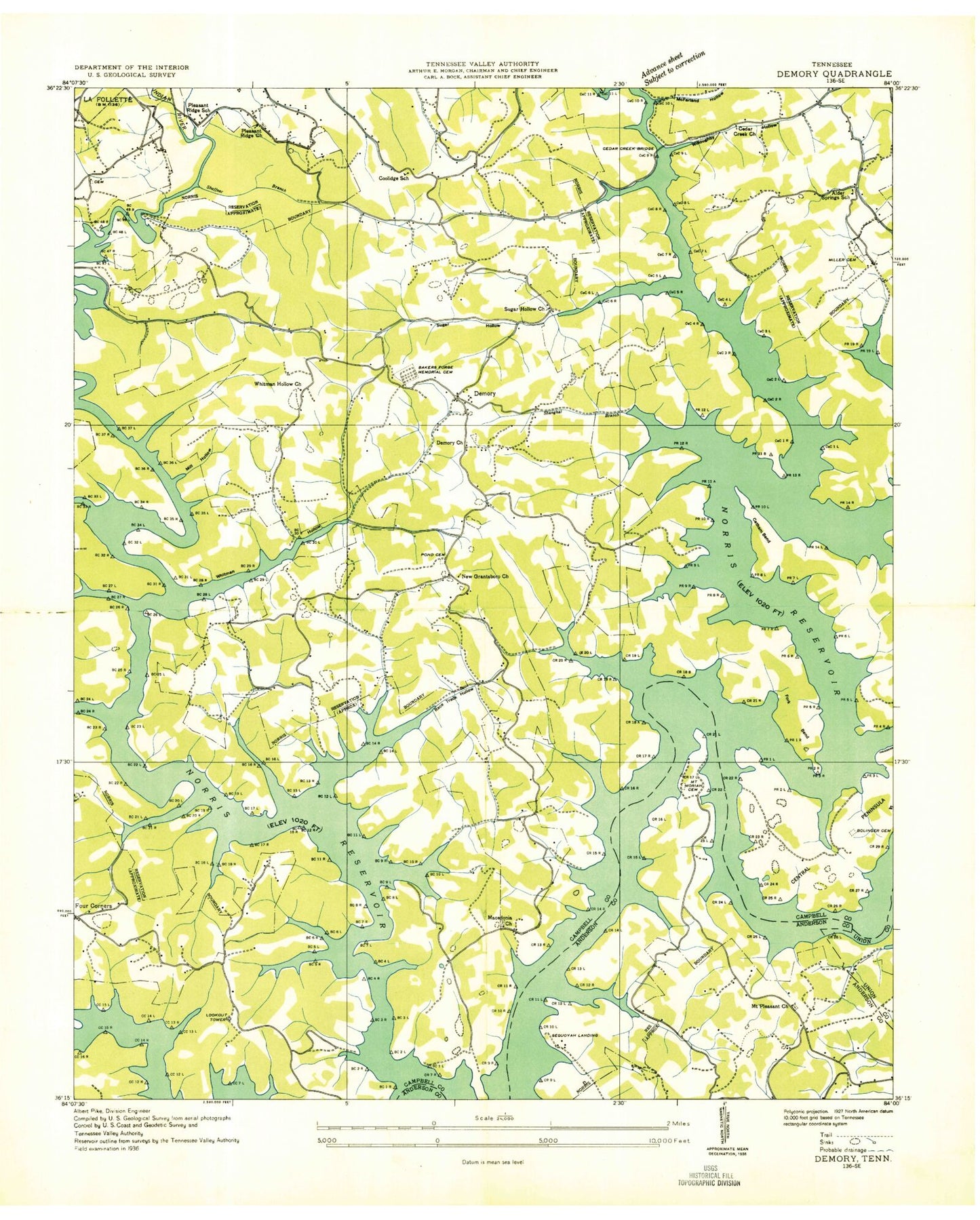 Classic USGS Demory Tennessee 7.5'x7.5' Topo Map Image