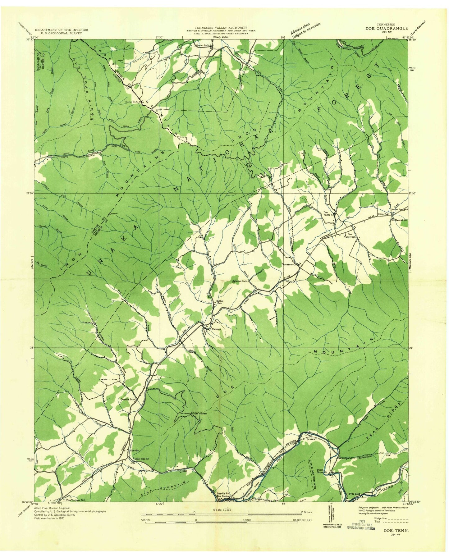 Classic USGS Doe Tennessee 7.5'x7.5' Topo Map Image