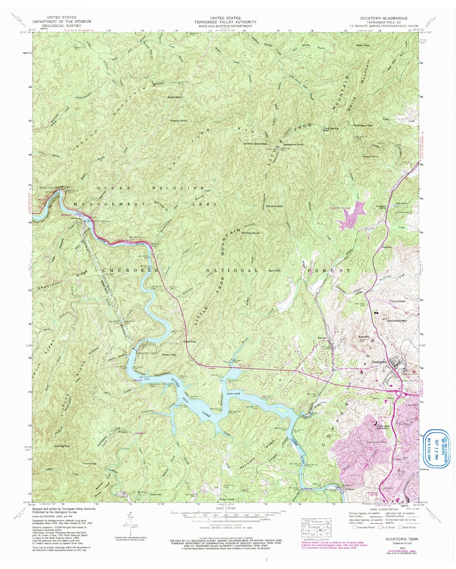 Classic USGS Ducktown Tennessee 7.5'x7.5' Topo Map Image