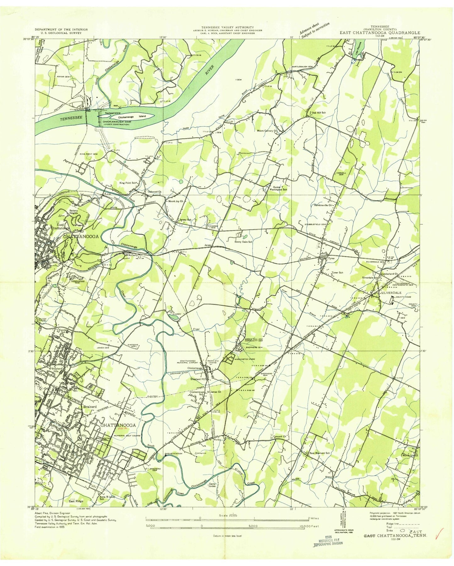 Classic USGS East Chattanooga Tennessee 7.5'x7.5' Topo Map Image