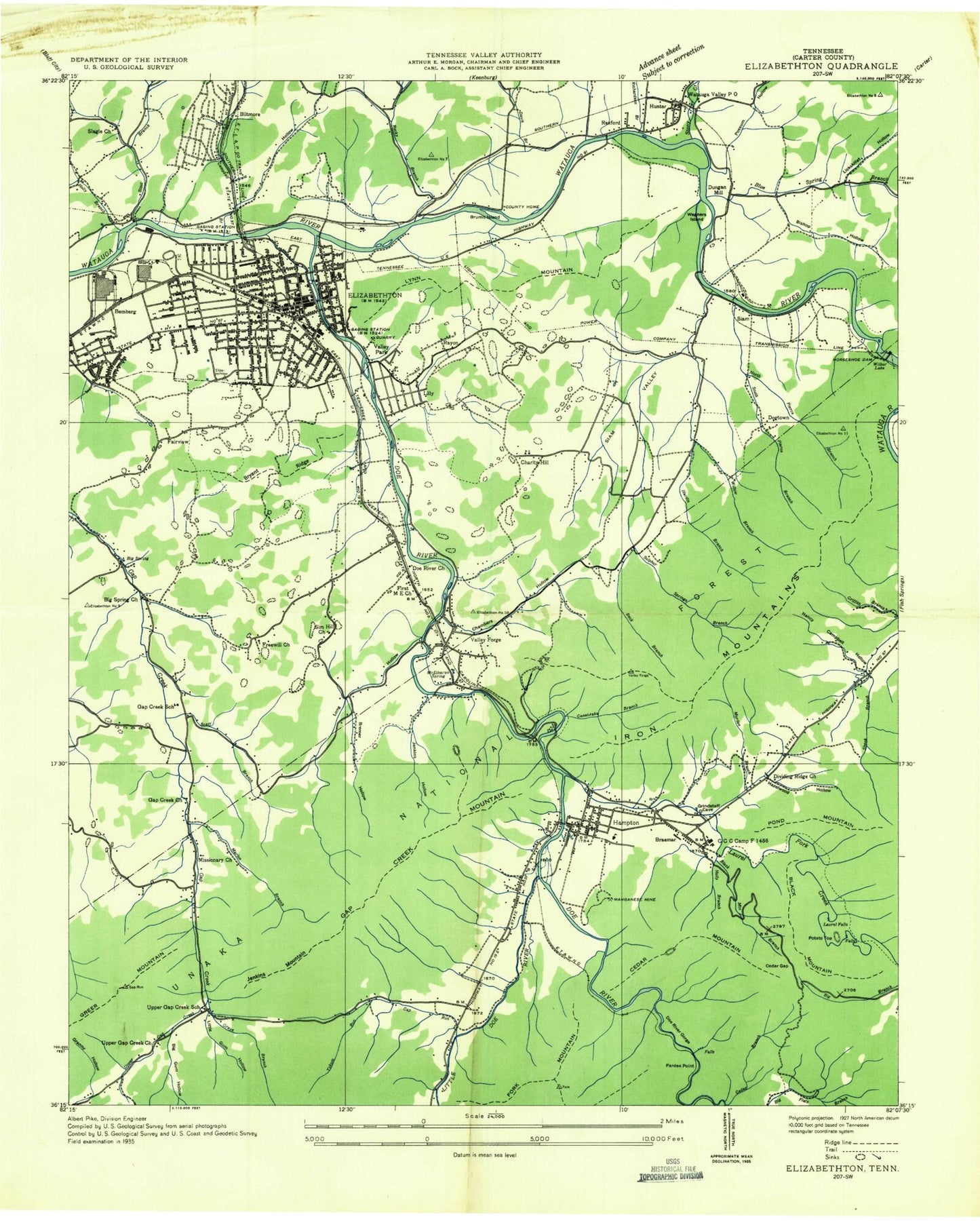 Classic USGS Elizabethton Tennessee 7.5'x7.5' Topo Map Image