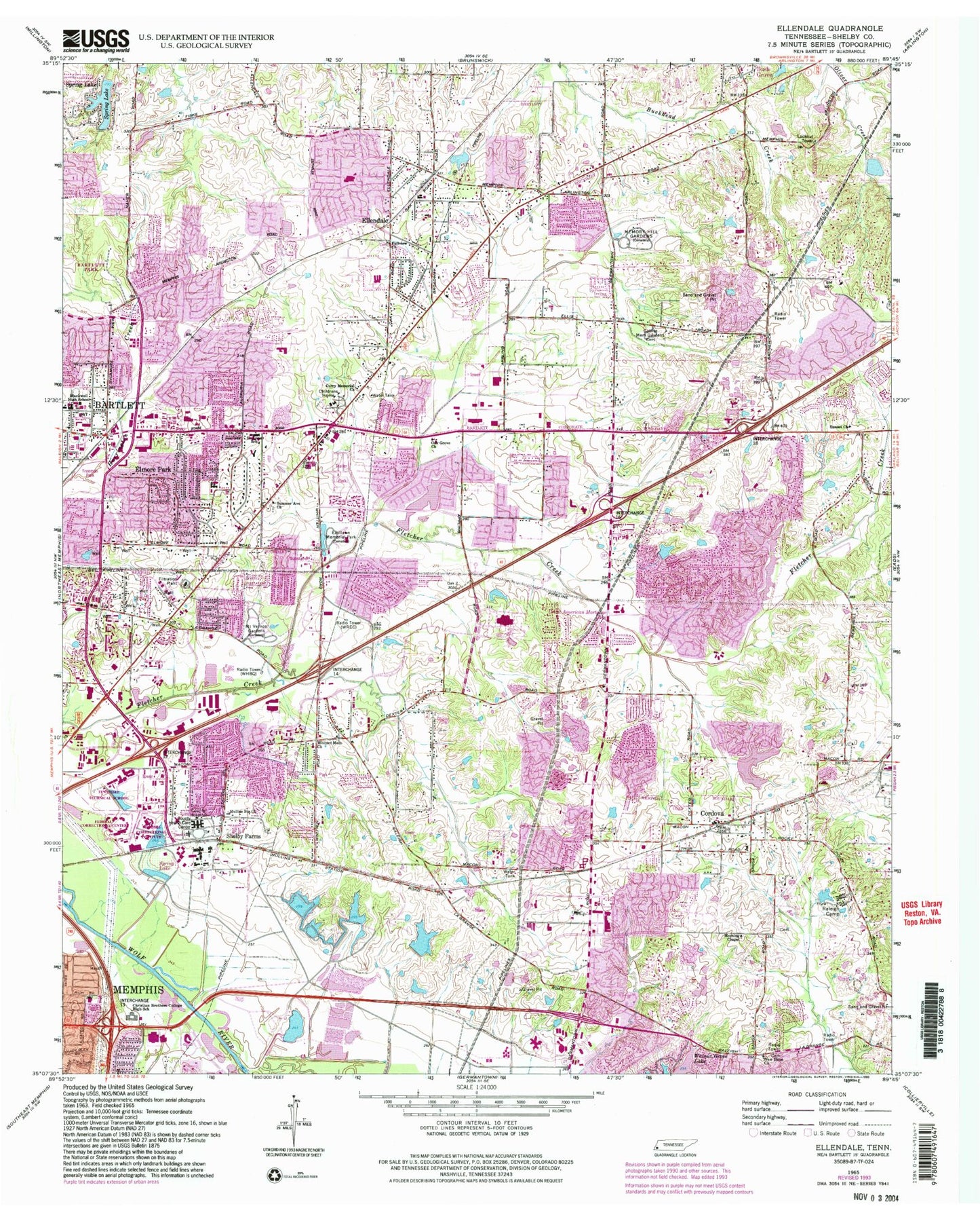Classic USGS Ellendale Tennessee 7.5'x7.5' Topo Map Image