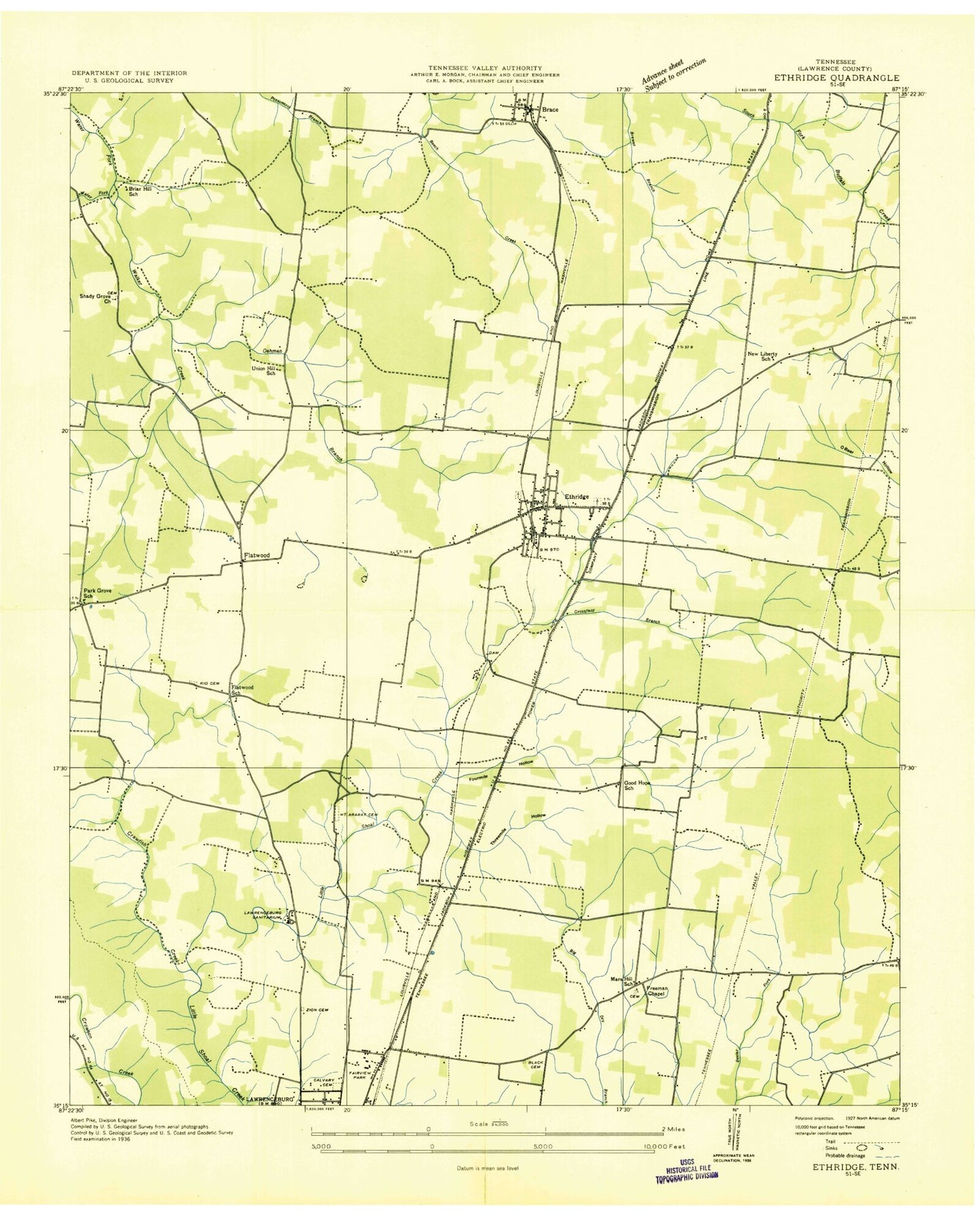 Classic USGS Ethridge Tennessee 7.5'x7.5' Topo Map Image