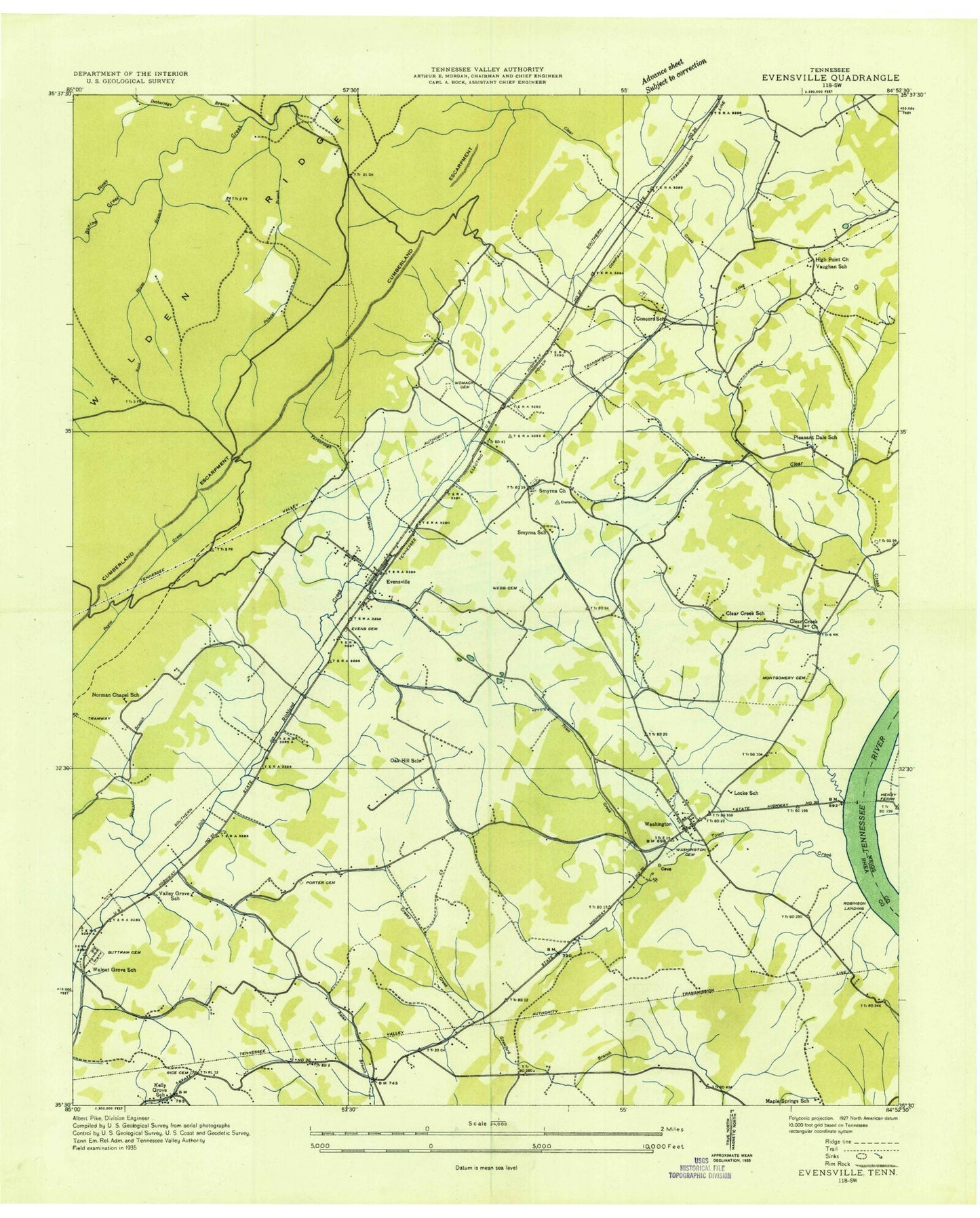 Classic USGS Evensville Tennessee 7.5'x7.5' Topo Map Image