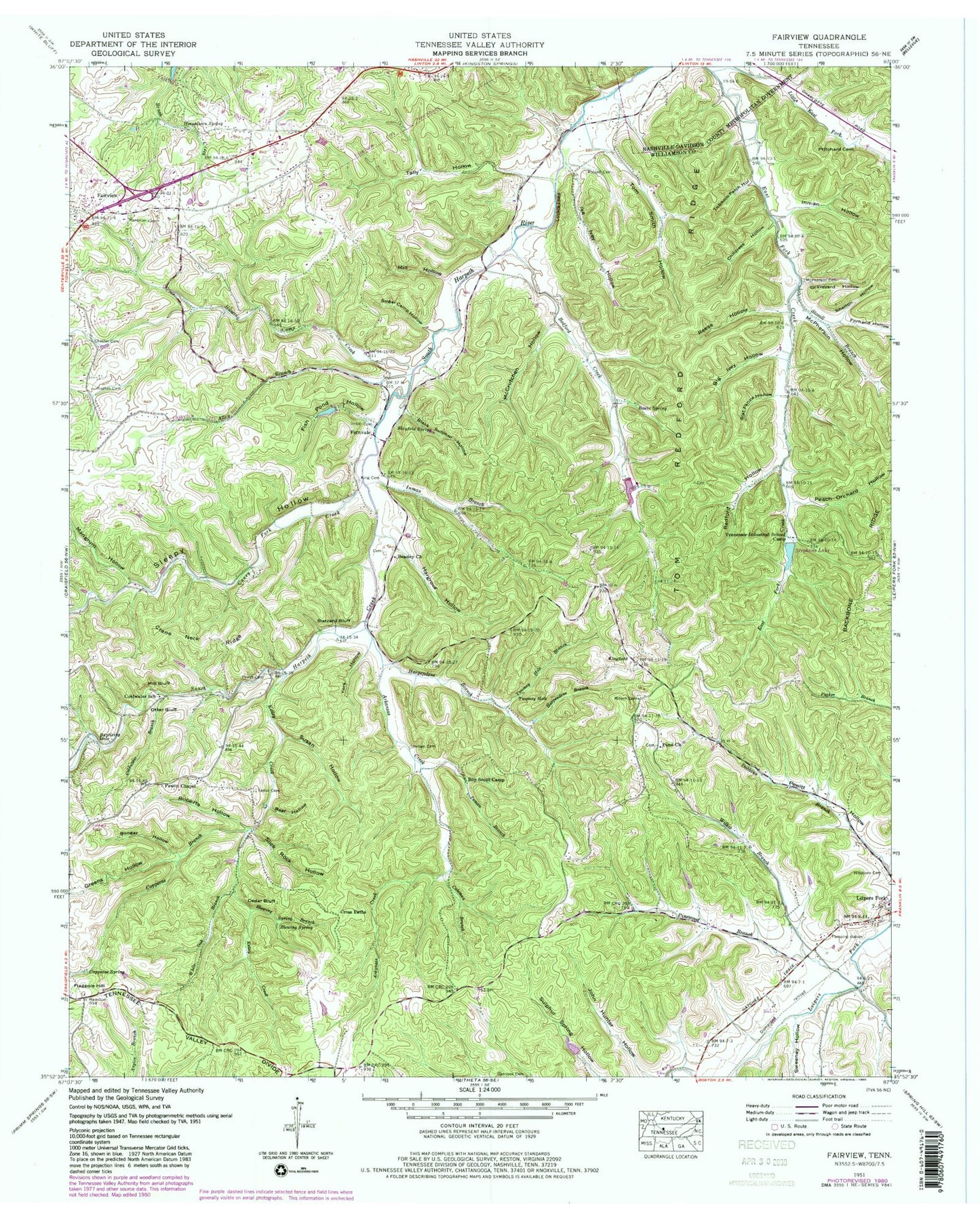 Classic USGS Fairview Tennessee 7.5'x7.5' Topo Map Image