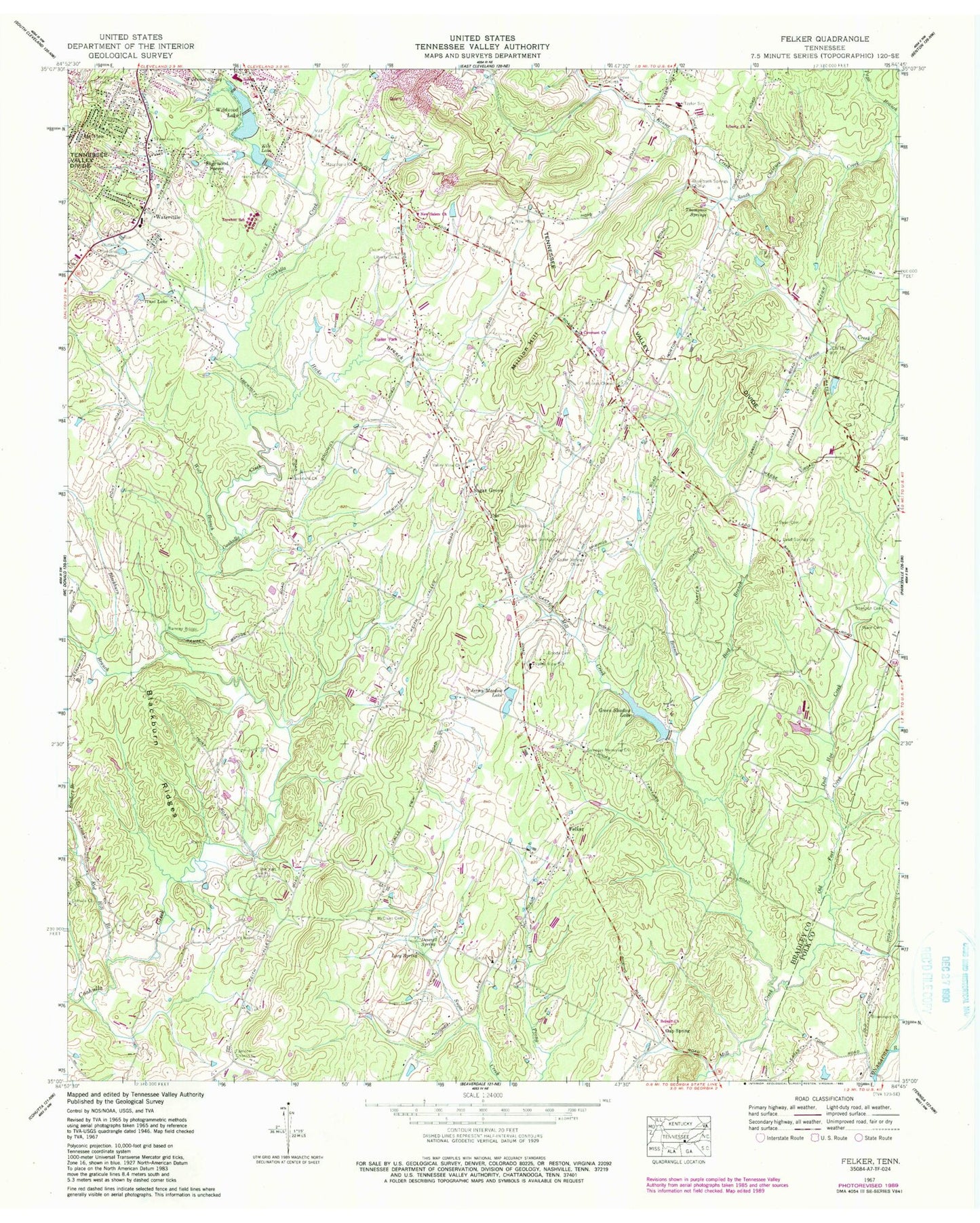 Classic USGS Felker Tennessee 7.5'x7.5' Topo Map Image