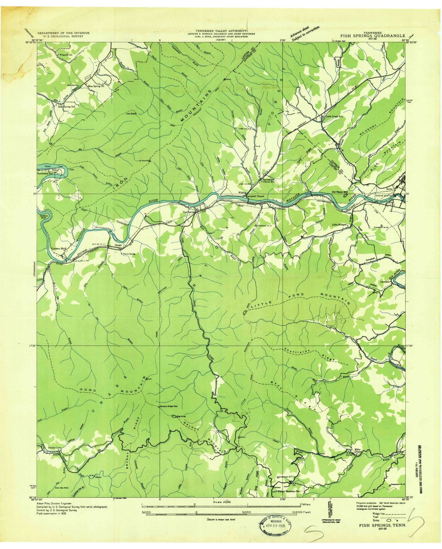 Classic USGS Watauga Dam Tennessee 7.5'x7.5' Topo Map Image