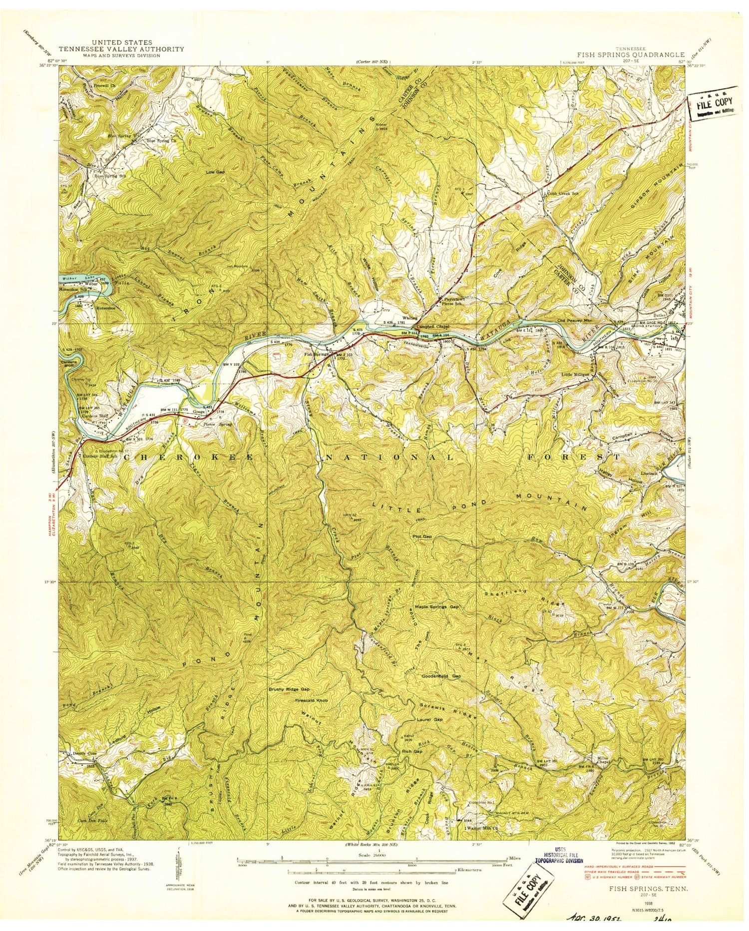Classic USGS Watauga Dam Tennessee 7.5'x7.5' Topo Map Image