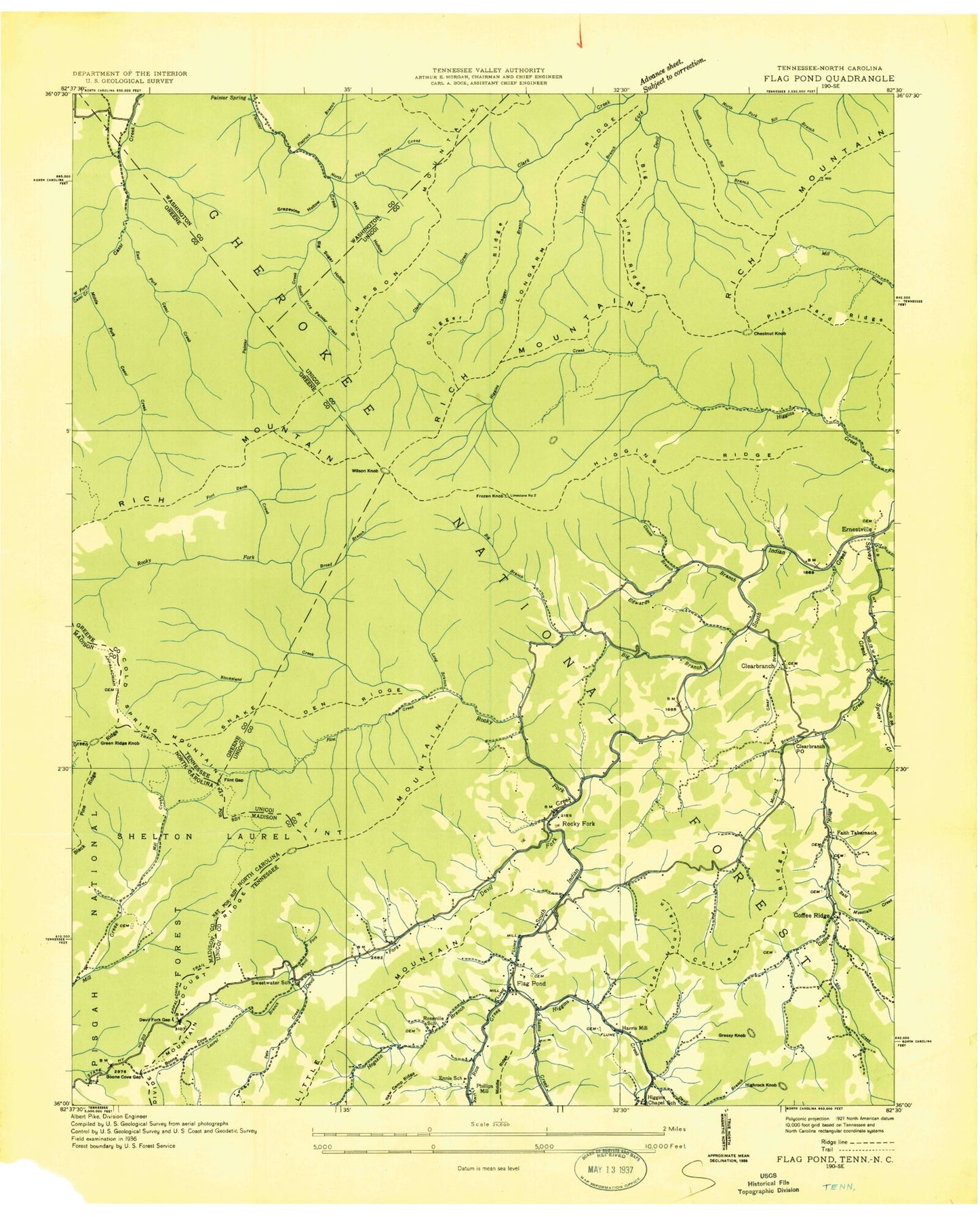 Classic USGS Flag Pond Tennessee 7.5'x7.5' Topo Map Image