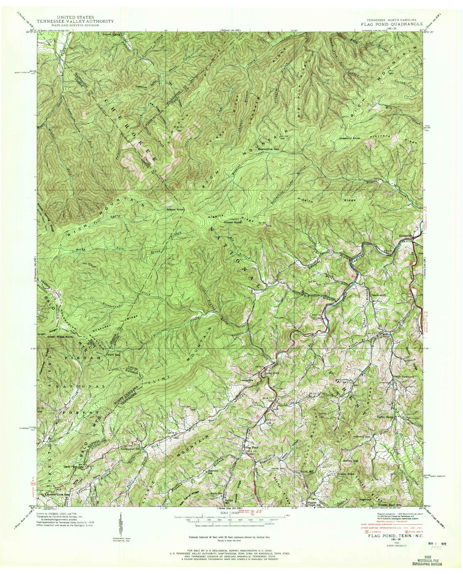 Classic USGS Flag Pond Tennessee 7.5'x7.5' Topo Map Image
