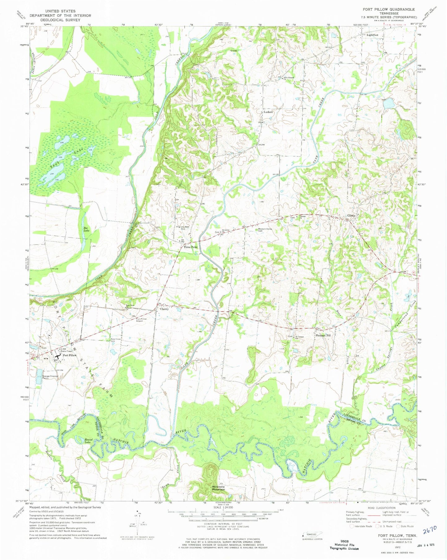 Classic USGS Fort Pillow Tennessee 7.5'x7.5' Topo Map Image