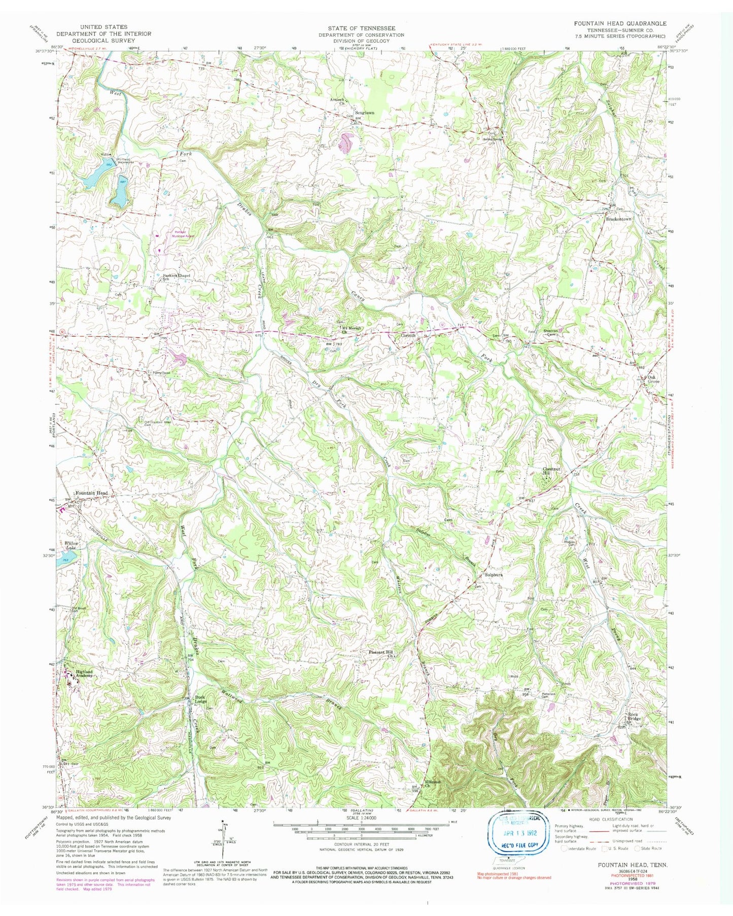 Classic USGS Fountain Head Tennessee 7.5'x7.5' Topo Map Image